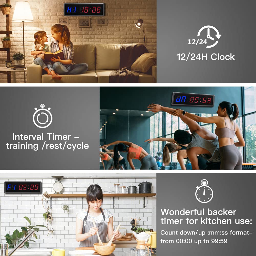Gym Timer 1.5" LED Interval Timer Workout Timer Clock Stopwatch Timer Count Down/Up with Remote, Home Gym Garage Fitness with Buzzer,Digital Interval Training Timer for Classroom and Outdoor
