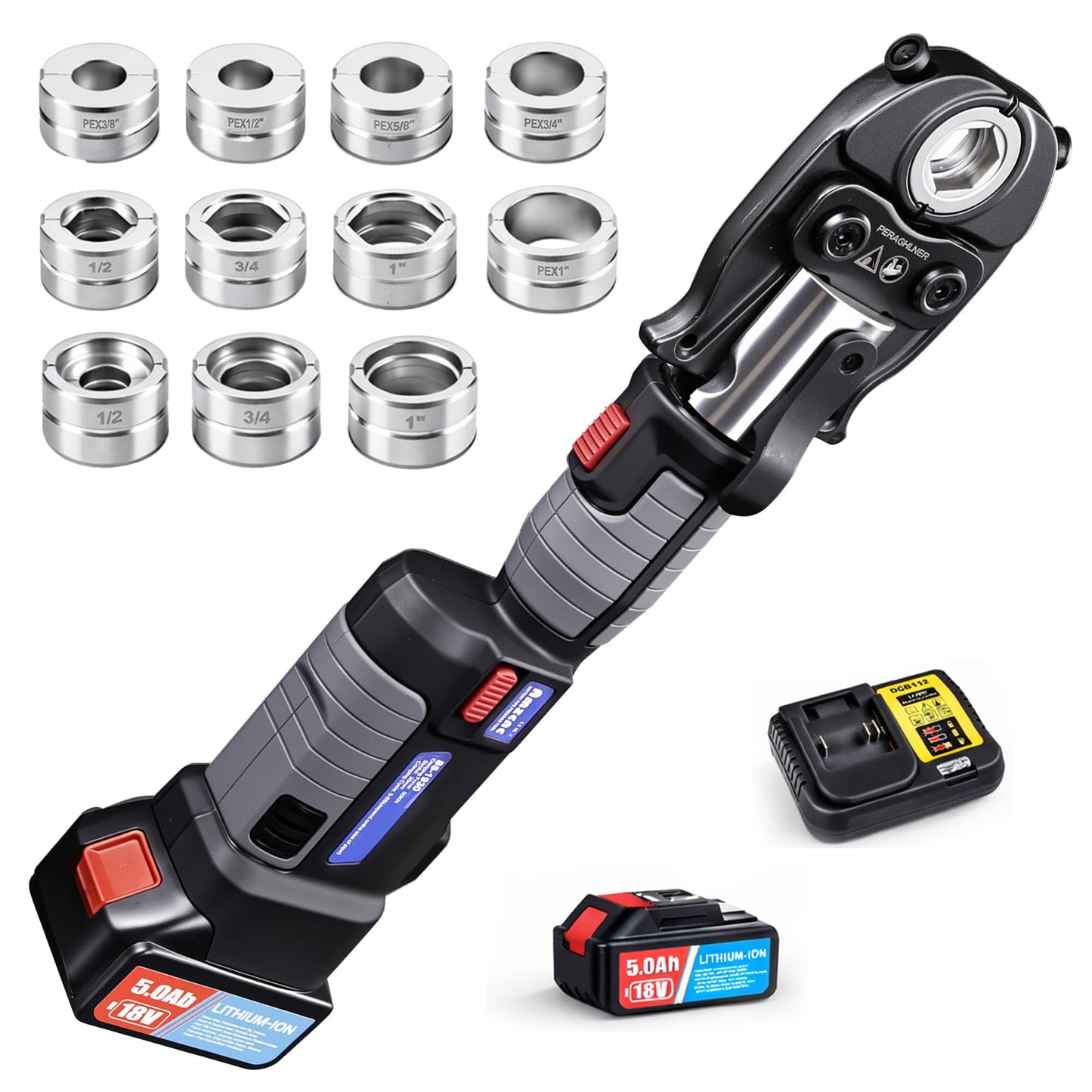 AMZCNC 18V Pro Press Tool for Copper & PEX Pipes Cordless Plumbing Press Tool Kit w/ 1/2”, 3/4”, 1” Copper & 3/8”–1” ASTM F1807 PEX Dies | F877 Stainless Sleeves | For Professional Plumbers