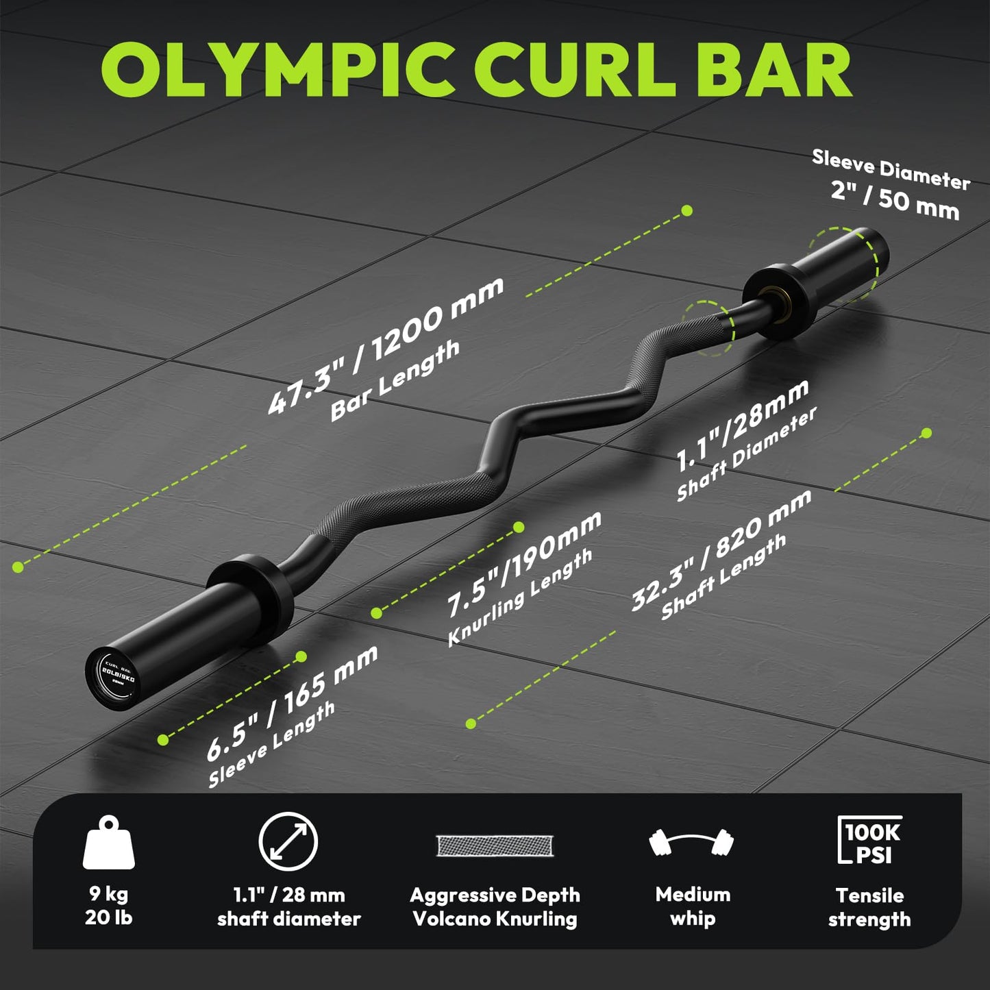 HANDBODE Olympic EZ Curl Barbell Bar, 47" Curl Bar for Weight Lifting, Squats, Hip Thrusts, Biceps, 500 lb Weight Capacity Suitable for 2 inch Weight Plates, Home Gym Weight Bar, Black