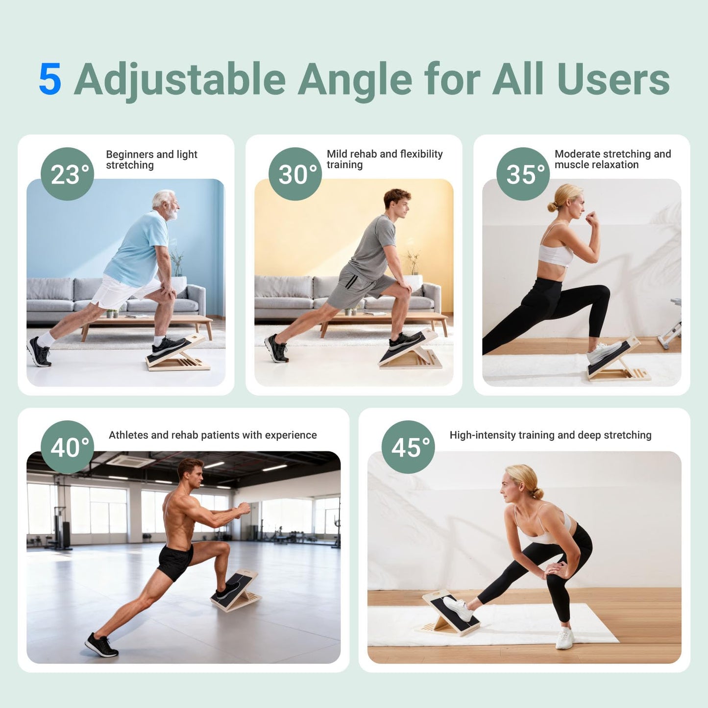 Reoceing Adjustable Wooden Slant Board for Calf Stretching, 5 Angle Incline Board for Exercise, Non-Slip Design, 400 lb Capacity, Foldable Stretch Board