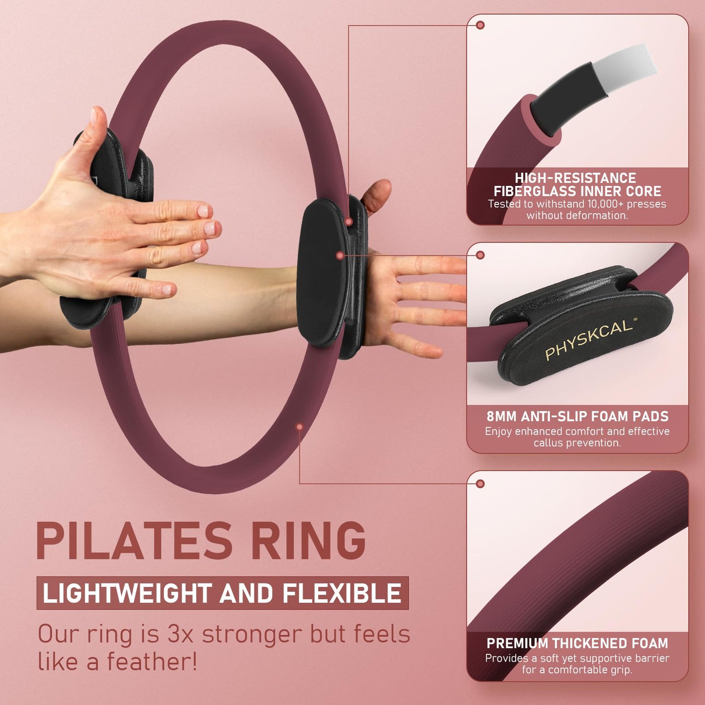 PhysKcal Pilates Ring, 15-Inch Magic Circle with Extra Thick Padded Handles, Pilates Equipment for Toning Inner Thighs, Arms and Strengthening Cores- Workout Guide Included (Plum)