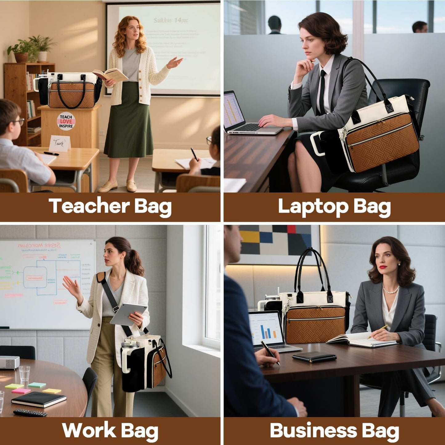 15.6 Inch Teacher Tote Bag for Women with Large Cup Holder& Laptop Compartment, Utility Work Tote Bag with Internal