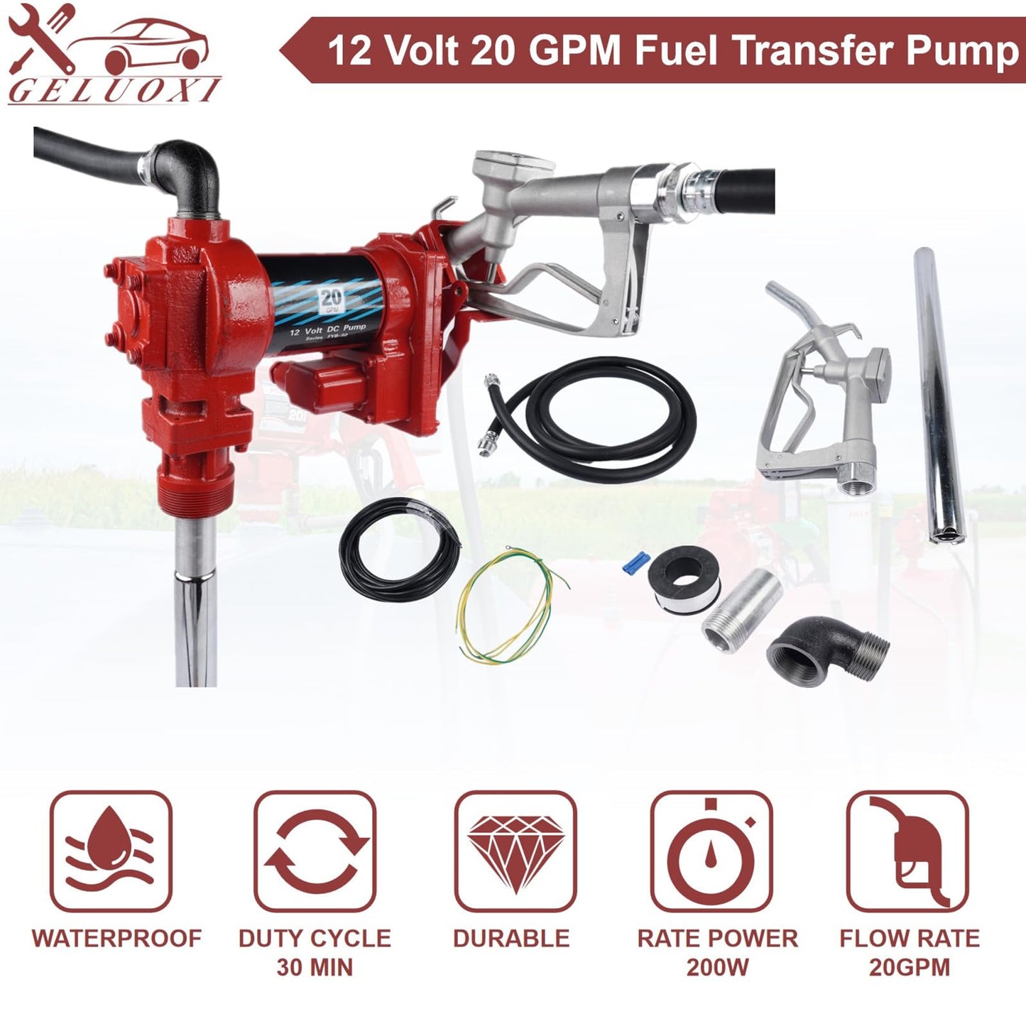 Fuel Transfer Pump, 12 Volt 20 GPM, with Nozzle Kit for Transfer of Gasoline, Diesel, Kerosene, Ethanol & Methanol Blends & Biodiesel Red (Fuse Required More than 50Amp)