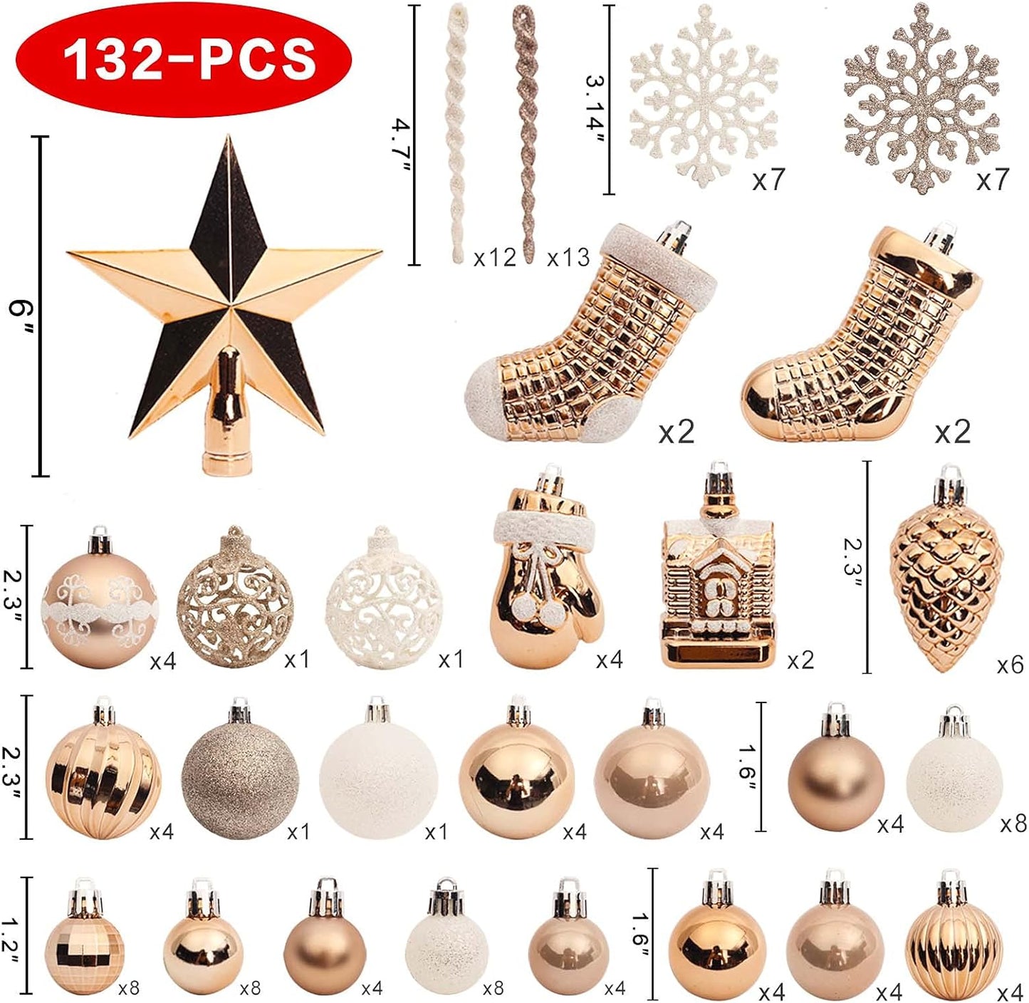 Roseleaf 132-Pc Traditional Christmas Tree Ornament Set - Shatterproof White & Blue Accents