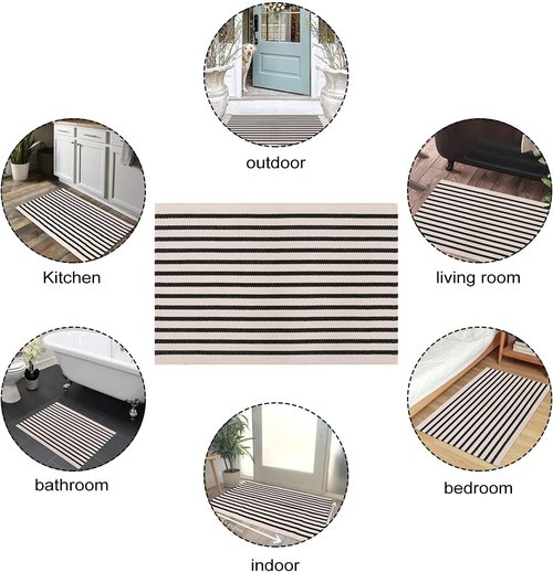 LEEVAN Outdoor Rug Runner - Black and White Striped Cotton Woven Doormat | 2x4 ft Washable for Home & Porch