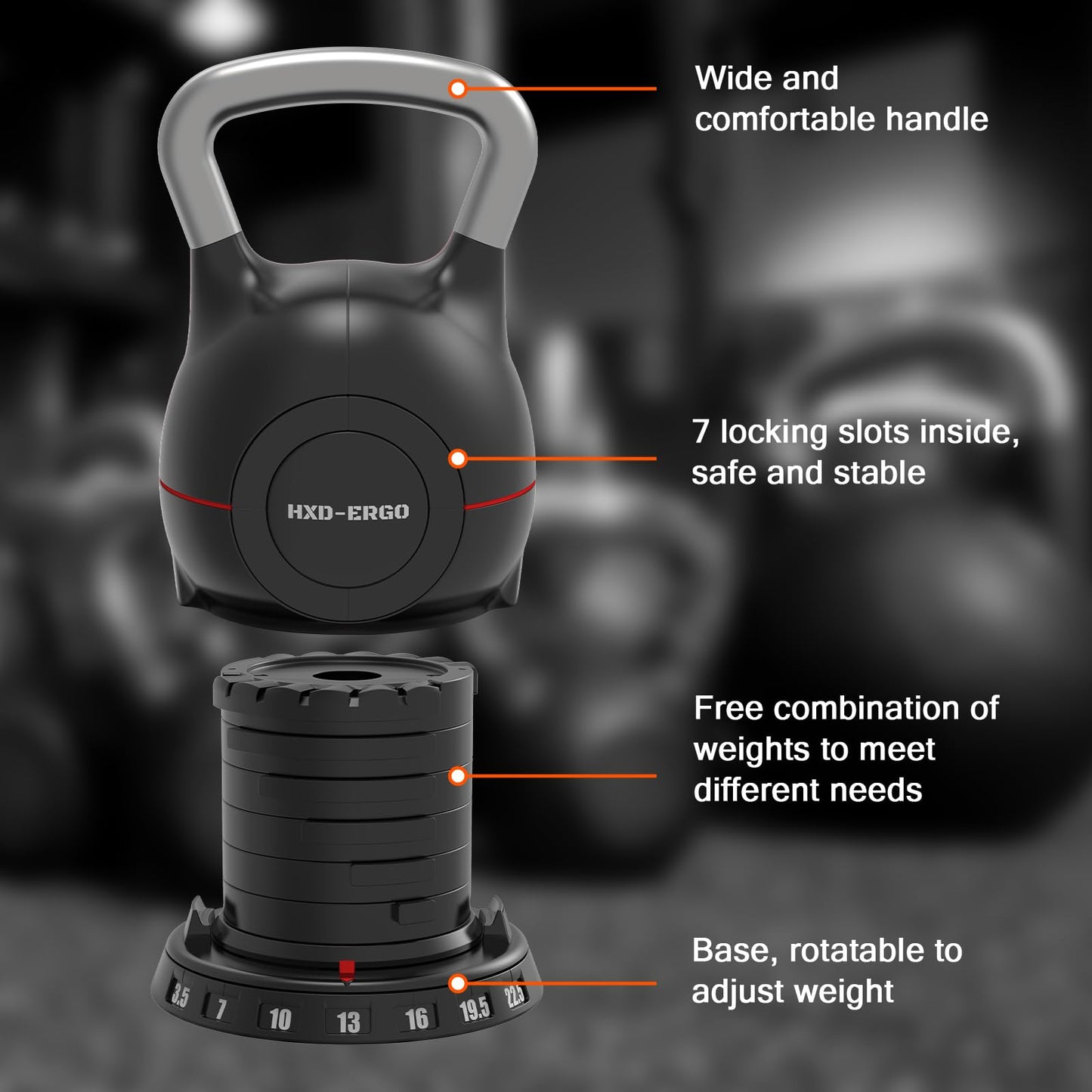 HXD-ERGO Adjustable Kettlebell Weight Set-Quickly Adjusts 7 Weights,Ergonomic kettlebell sets for Home Gym (Black（3.5-22.5LBS）)