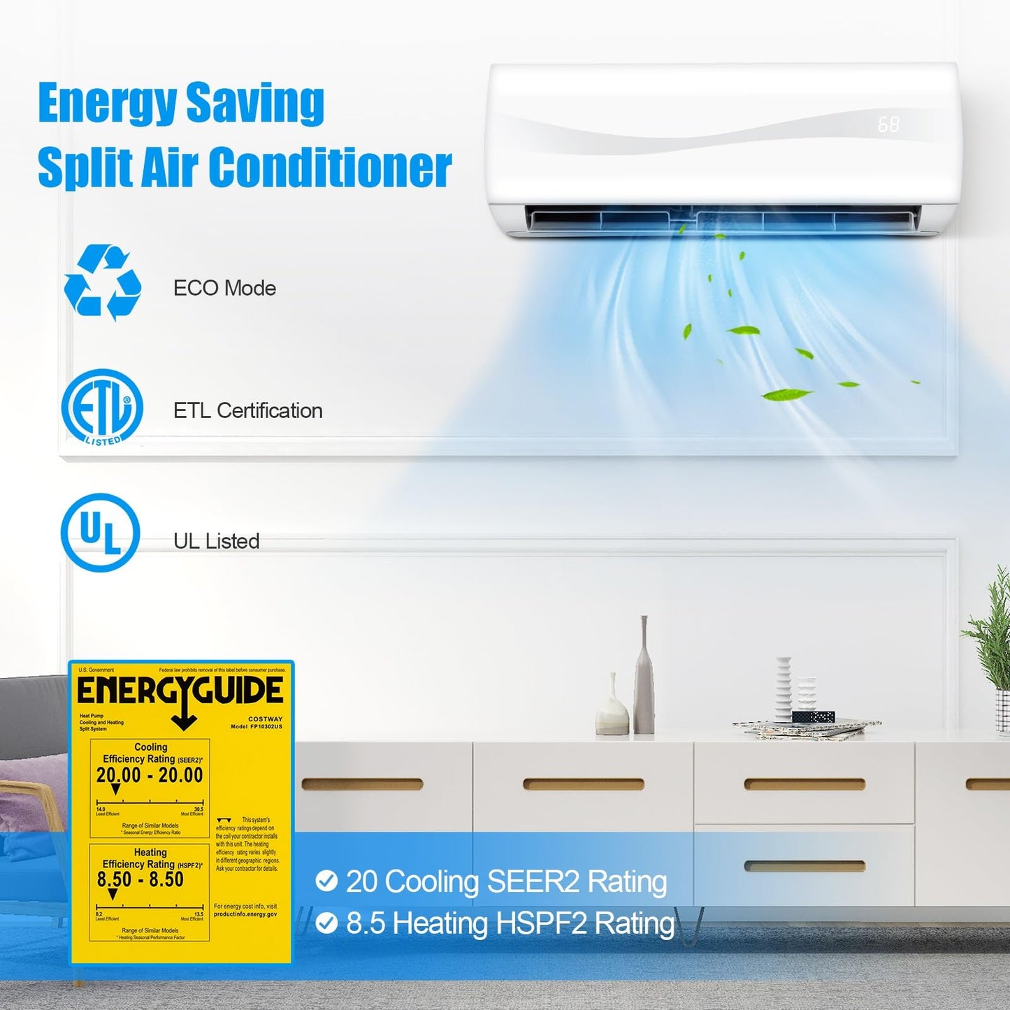 GLACER 12000BTU Mini-Split Air Conditioner, 20 SEER2 Mini AC Unit W/Pre-Charged Condenser, Heat Pump & Installation Kit, Cools up to 750 Sq. Ft, Ductless Inverter AC Split-System, 115V, White
