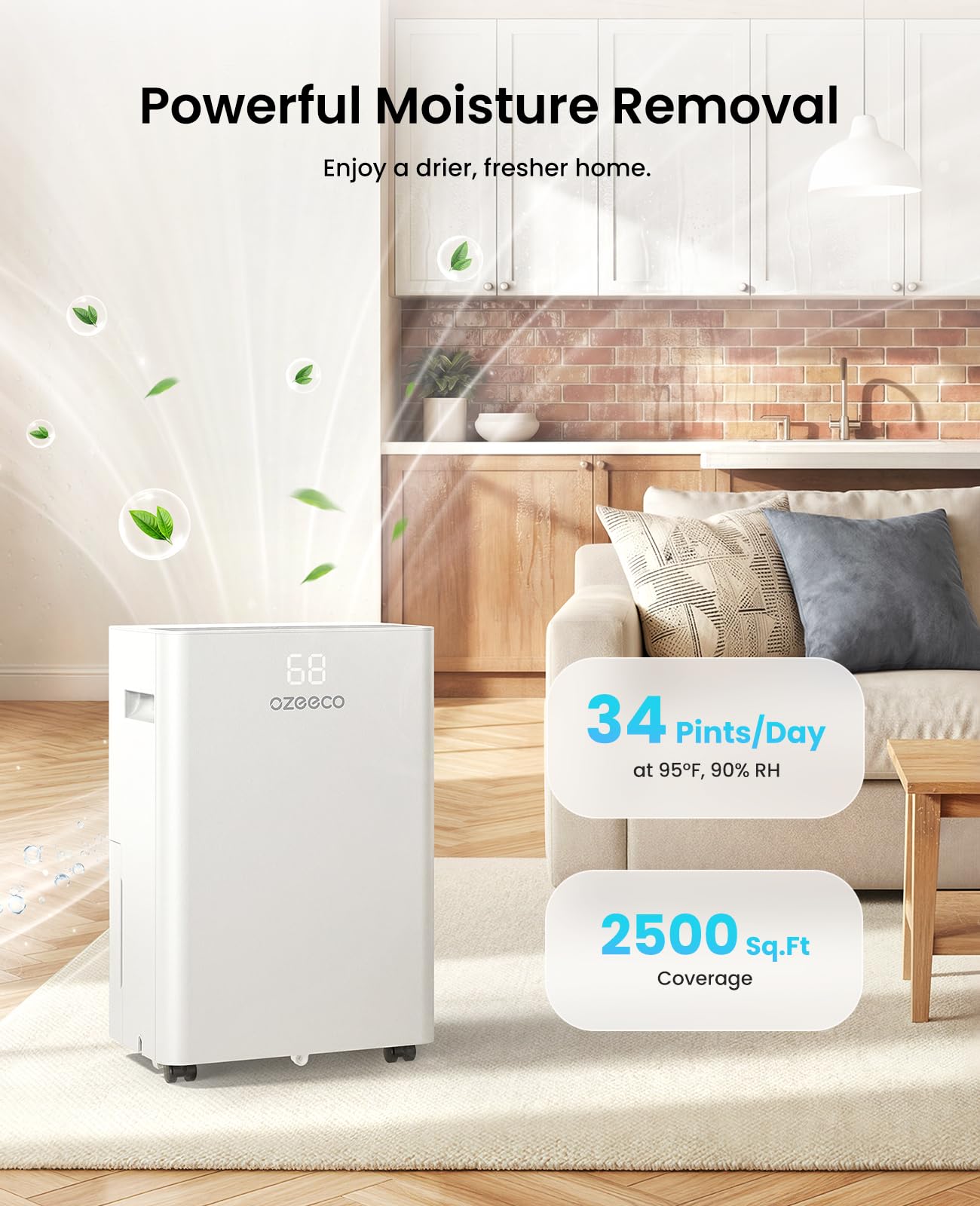 34 Pint Dehumidifier for Basement up to 2500 Sq.Ft, ozeeco Home Dehumidifier with Drain Hose, Ionizer, Humidity Control, Ultra Quiet, Child Lock, 24H Timer for Bedroom, Bathroom, RV