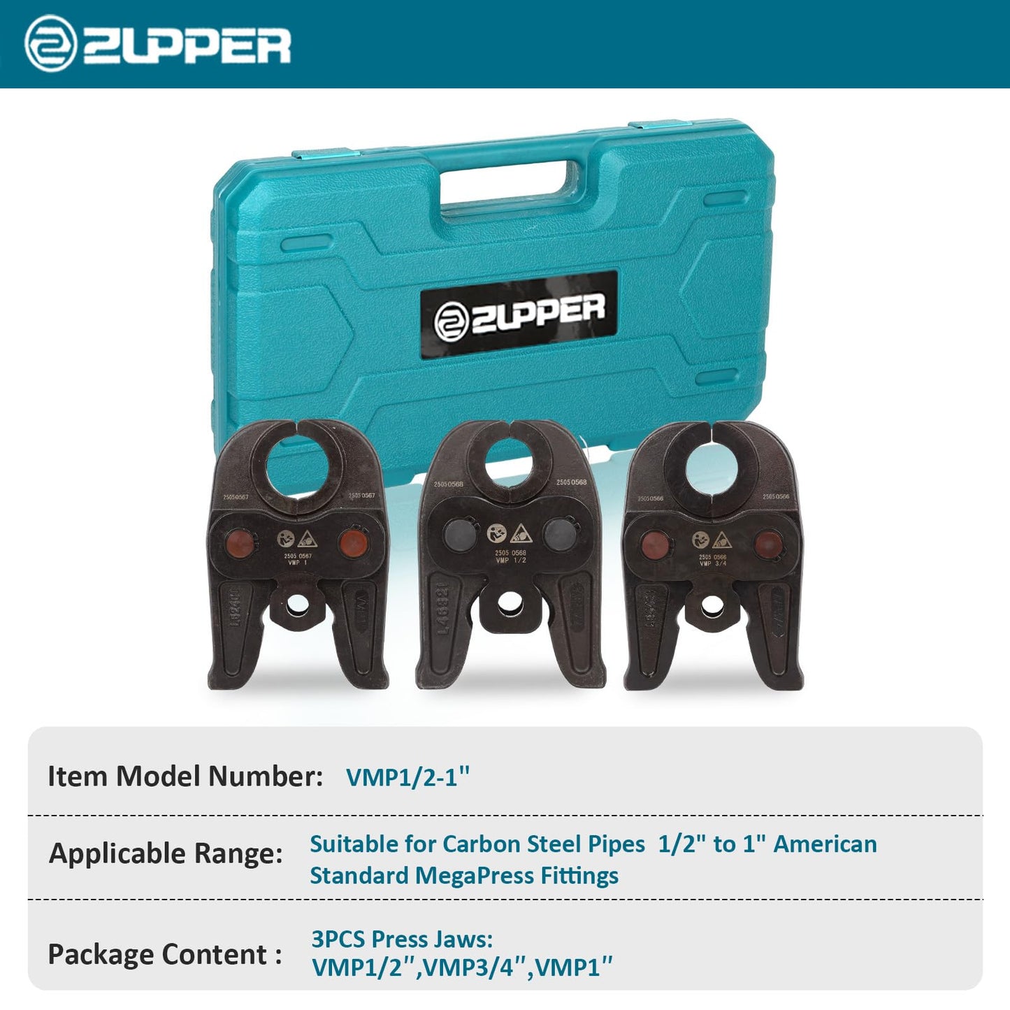 ZUPPER 3PCS Press Jaws Kit with 1/2" to 1" for Carbon Steel Pipes Compatible with Standard Press Tools Hydraulic Pressing Tools