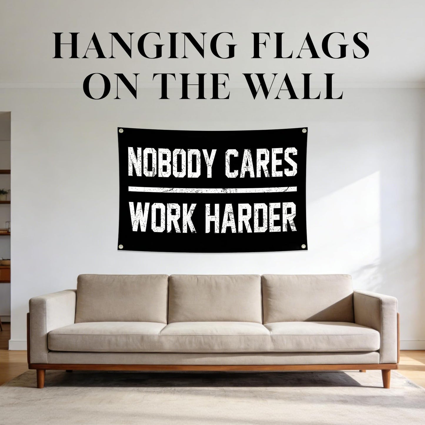 Nobody Cares Work Harder Motivational Gym Banner 3x5 Feet, Heavy Duty Flag Tapestry with 4 Brass Gaskets, Inspirational Fitness Motivational Wall Decor for Home Gym, Workout Room & Fitness Studio Wall Art