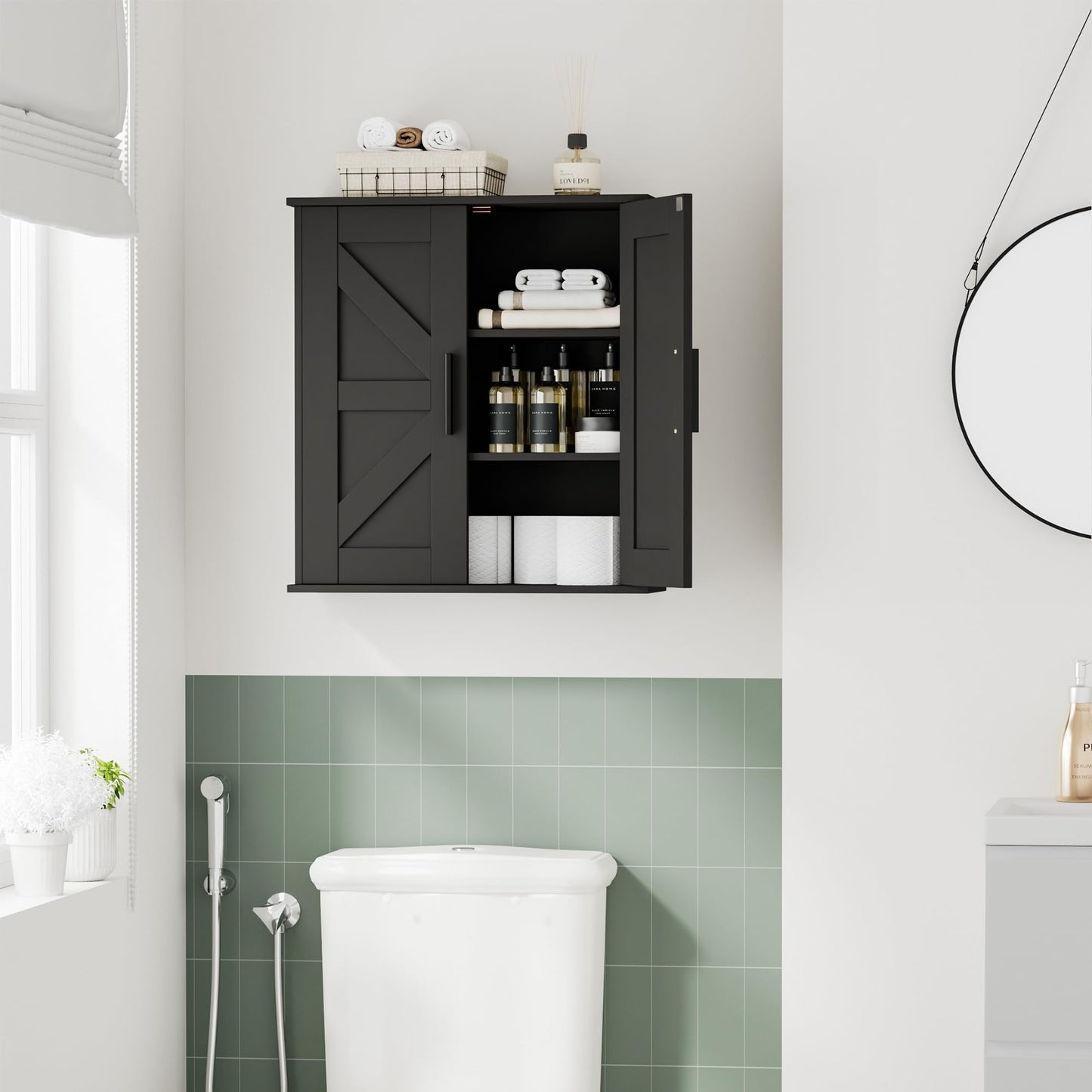 Homleke Bathroom Wall Cabinet, Over Toilet Storage Cabinet with Barn Doors and Adjustable Shelves, 3-Tier Medicine Cabinet Wall Mounted, for Bathroom, Kitchen, Entryway, Laundry Room, Black, (7.9" D)