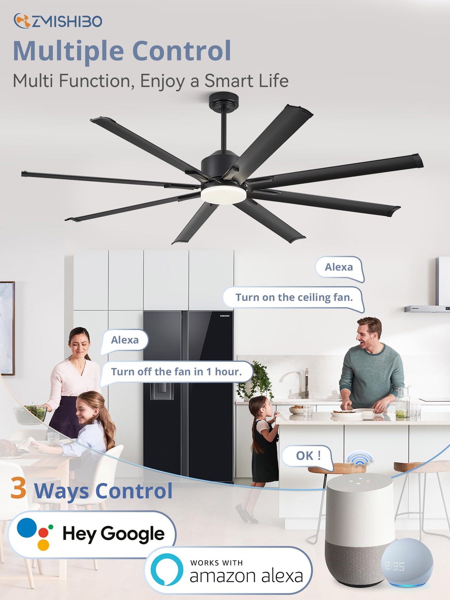72 Inch Smart Ceiling Fan with Light and Remote via WIFI Alexa, Industrial Ceiling Fan with 8 Black Aluminum Blades, 3000-6000K Dimmable, 6 Speeds, Indoor Outdoor Ceiling Fans for Patio Living Room