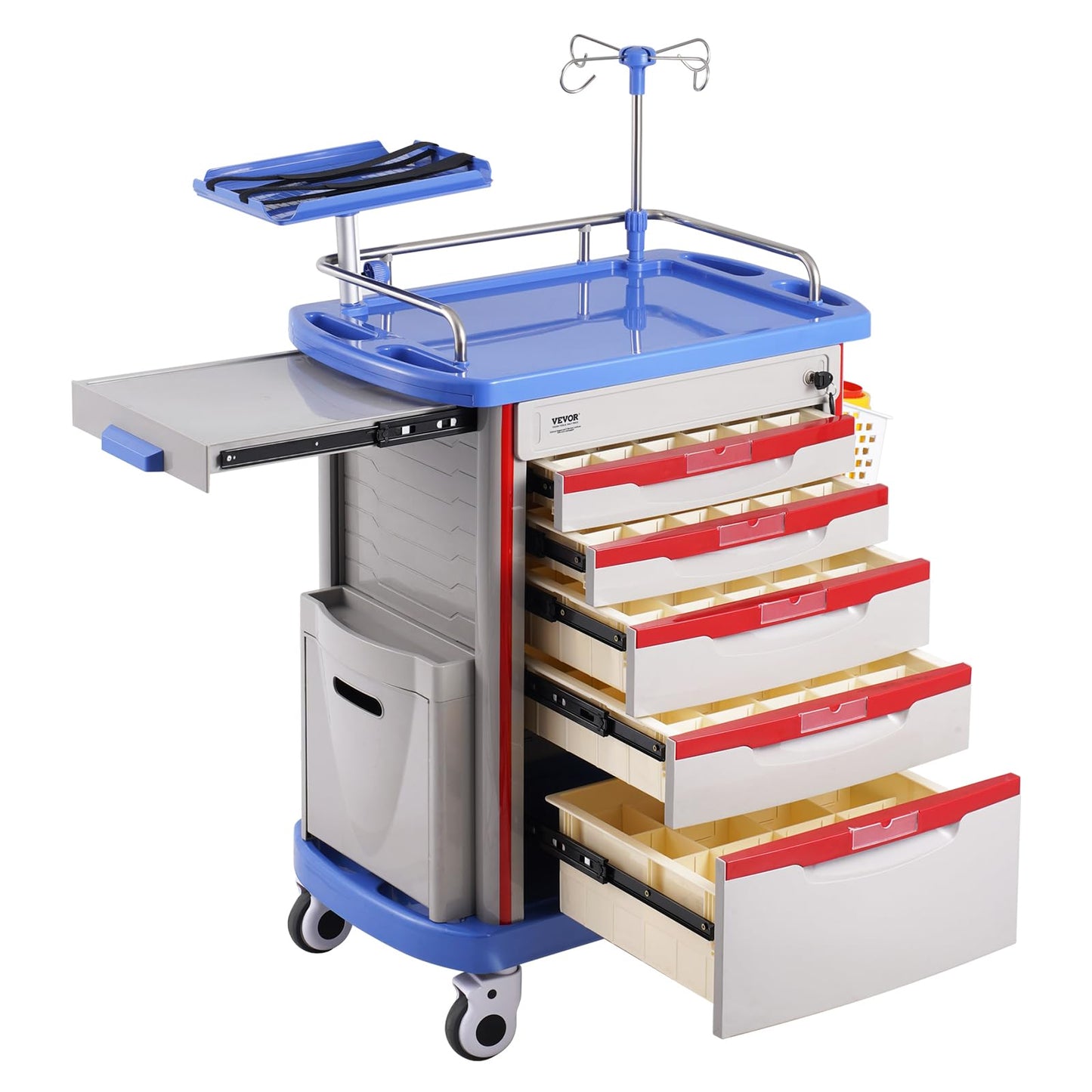 VEVOR Medical Crash Cart, Nursing Emergency Rolling Cart with 5 Drawers & 4 Silent Wheels, Adjust IV Pole, Needle Disposal Holder, Trash Bin, O2 Holder, Mobile Trolley for Hospital, Clinic, Lab, Salon