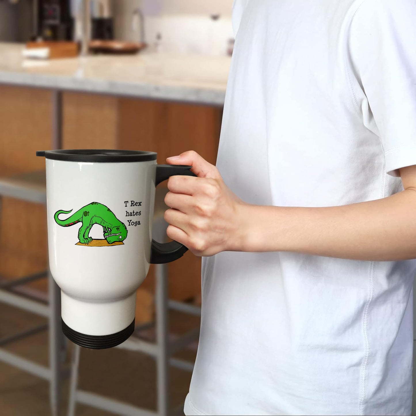 3dRose T Rex Hates Yoga, Travel Mug, 14-Ounce, Stainless Steel