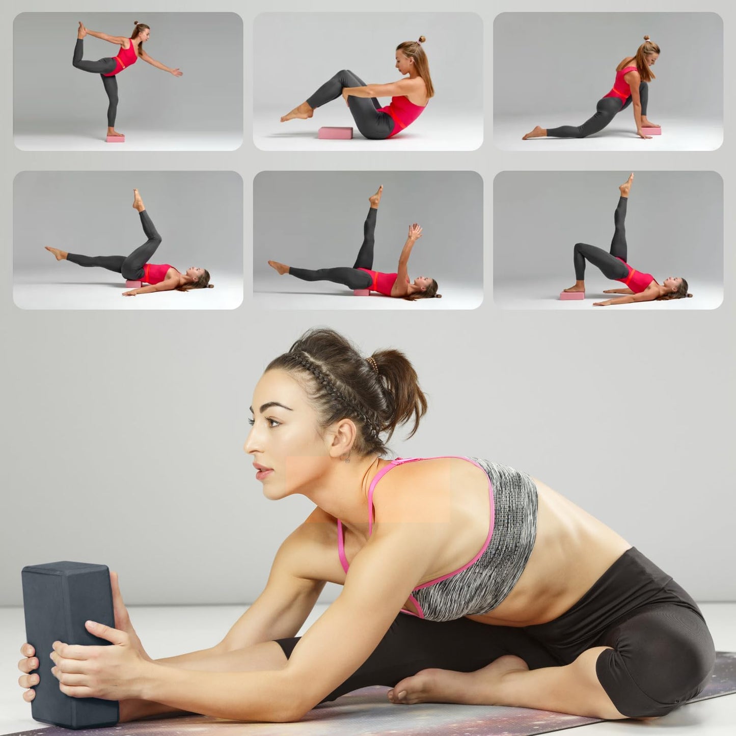 Yoga Blocks 2 Pcs, 9"x6"x3" Yoga Brick Foam Blocks EVA Foam Block Props Accessories for Pilates Stretching and Meditation (Grey, Large)