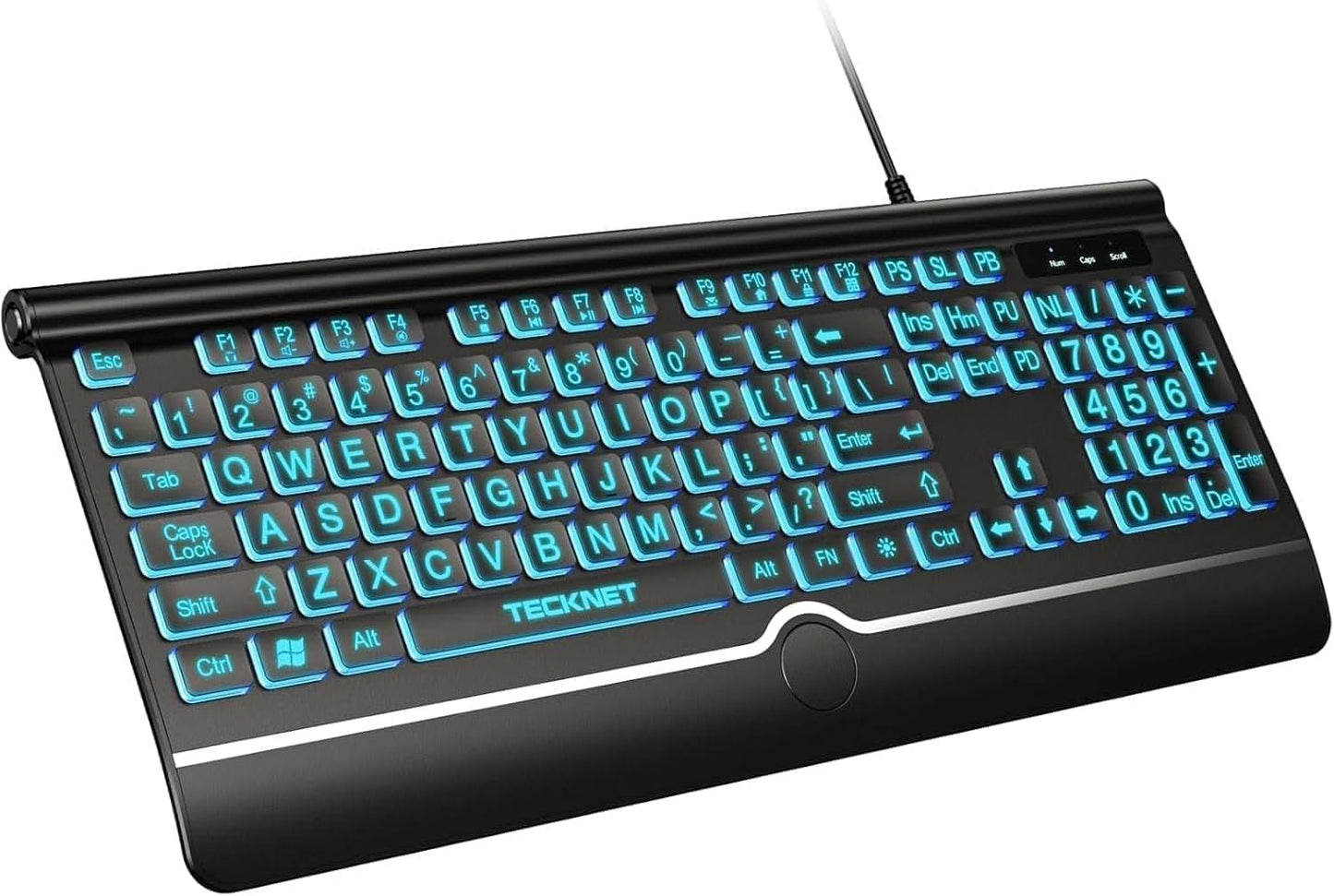 TECKNET 7-Color Large Print Backlit Keyboard, Wired USB-A Computer Keyboard with Wrist Rest, Backlit, Oversized Letter