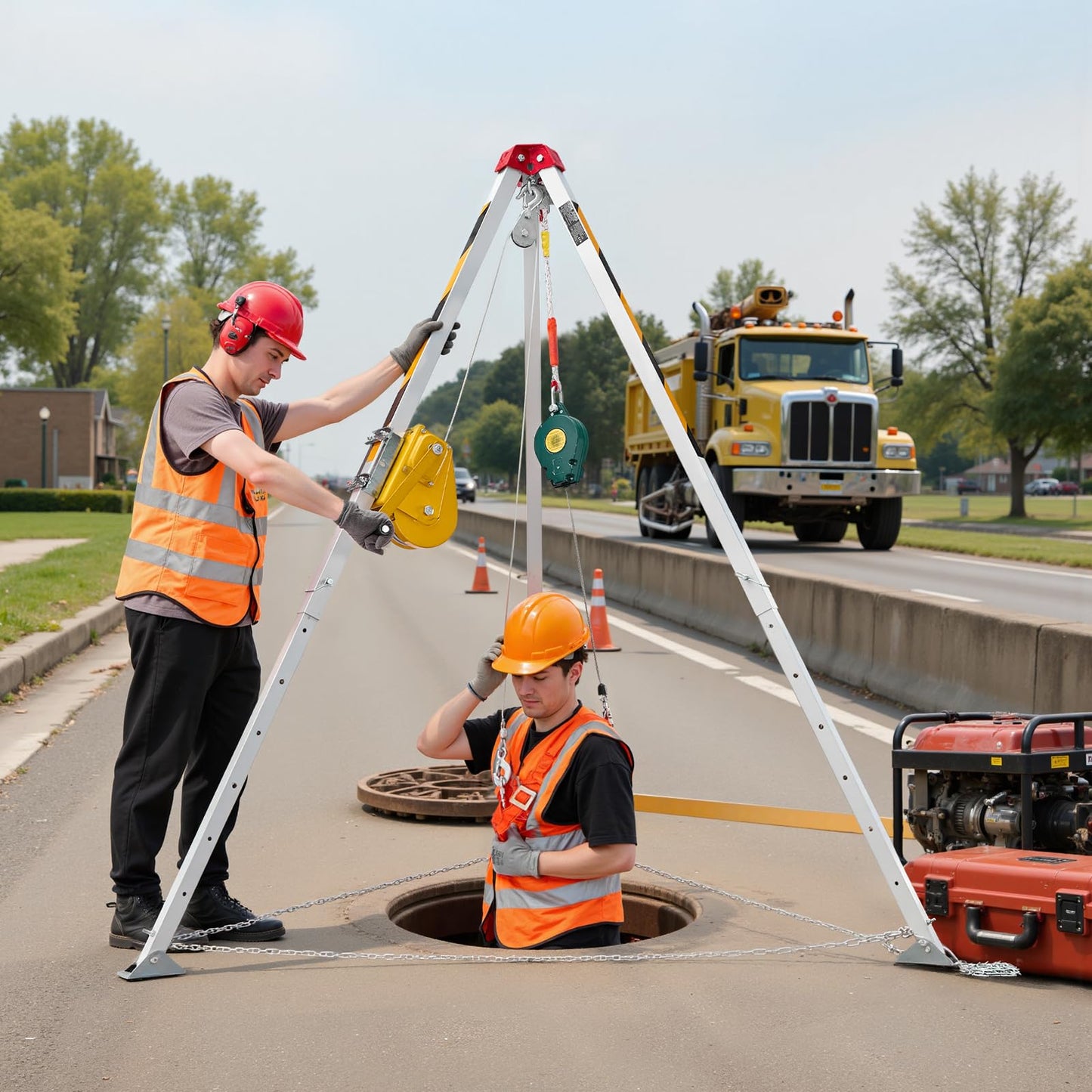 VEVOR Confined Space Tripod Kit, Heavy Duty Rescue Tripod Lifting Hoist 2600 lbs Winch, 4.76 ft Adjustable Legs, 98.5 ft Cable Portable Kit, 32.8 ft Fall Protection, 5.25-8.04 ft Working Height