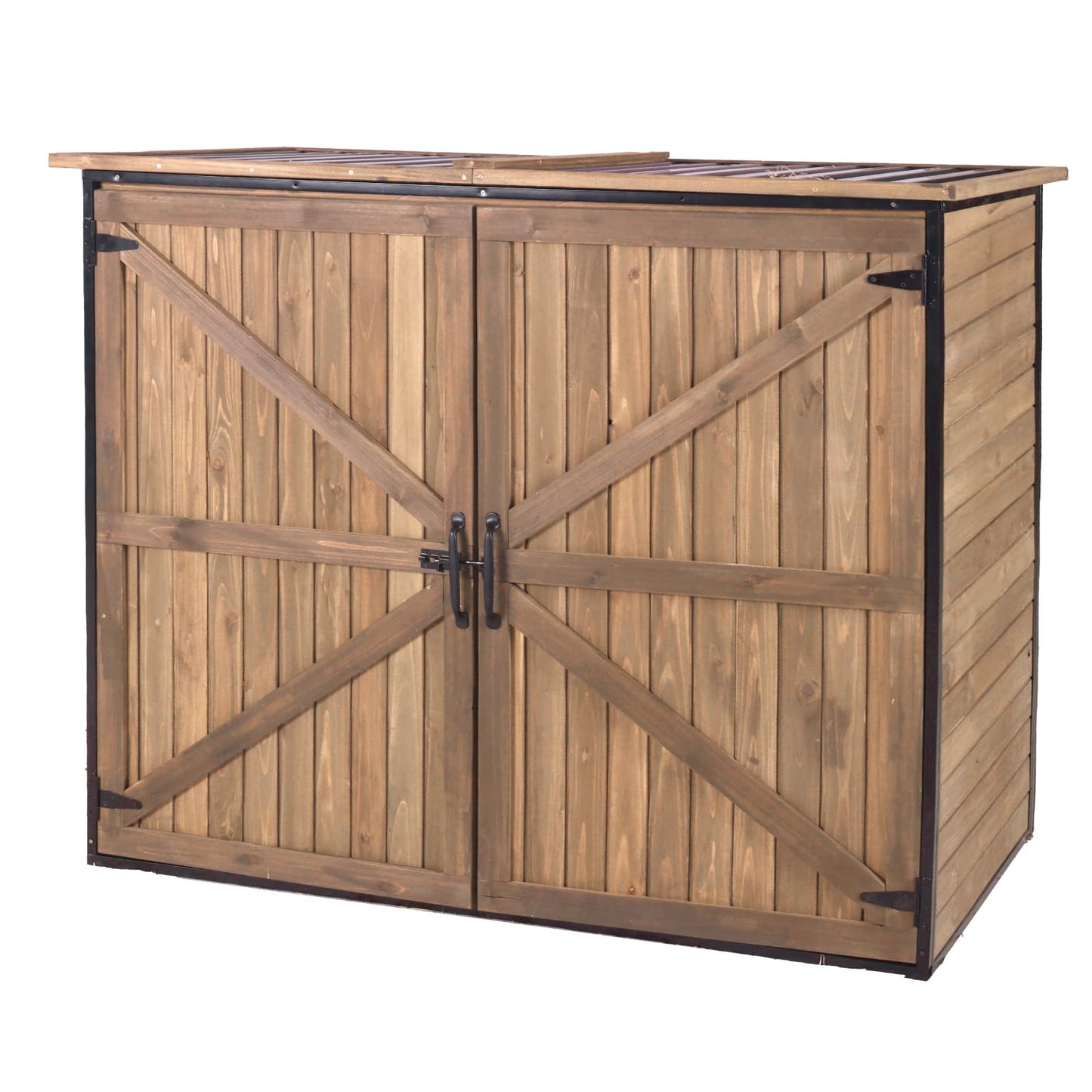 Joyqinchen Outdoor Storage Shed with Strong Metal Frame, Wooden Garden Sheds with Adjustable Shelves and Removable Floor, Weatherproof Outdoor Trash Can Shed, Horizontal Storage Cabinet for Patio