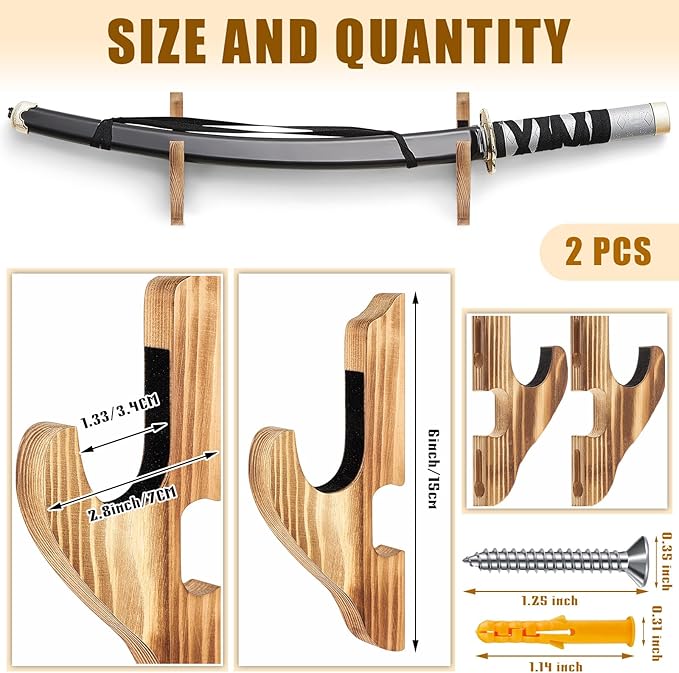 Chunful 2 Pcs Sword Wall Mount Sword Holder Katana Stand 1 Tier Hanger Adjustable Wooden Mounts for Samurai(5.91 x 2.76 x 1.38 Inches,Burnt Color)