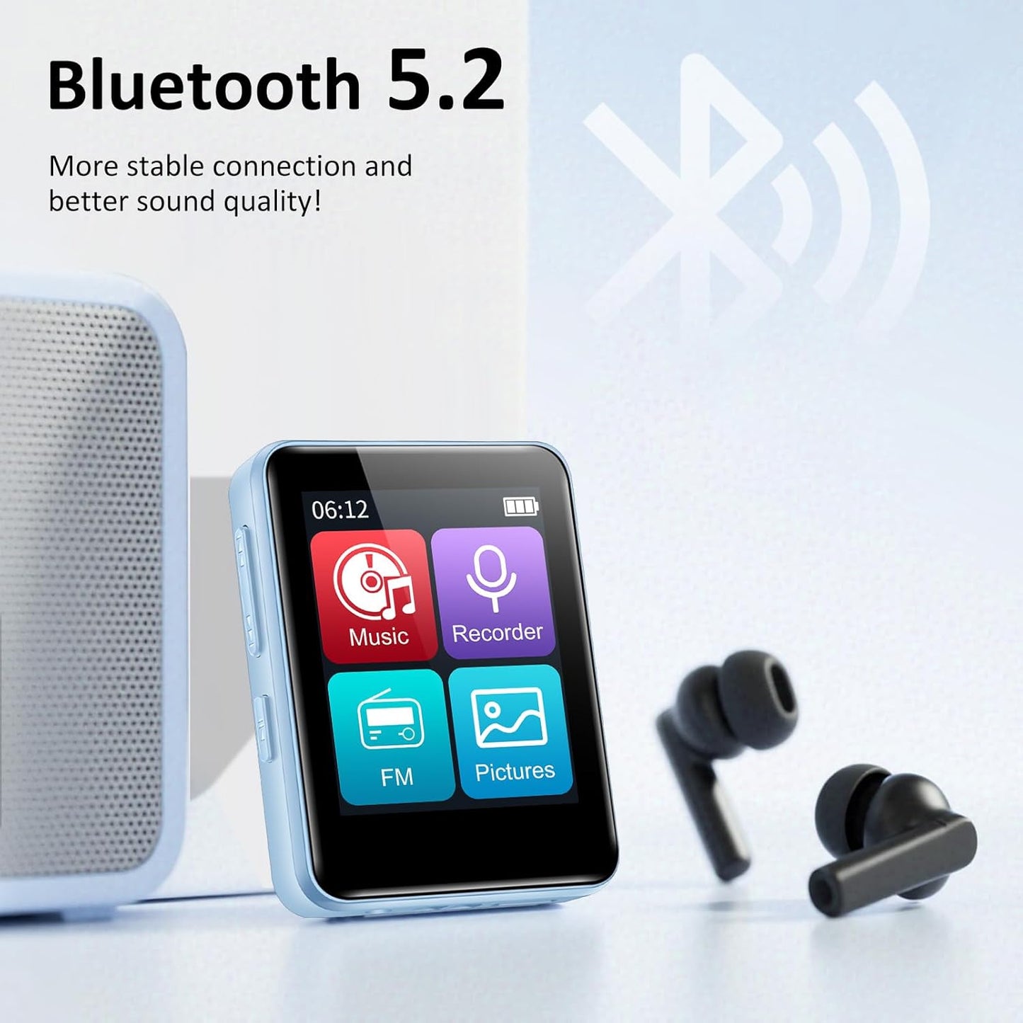 VANSING 32GB MP3 1.8 inch MP3 512GB(Blue) Player for Kids, Portable Small Music Bluetooth Player with Speaker, FM