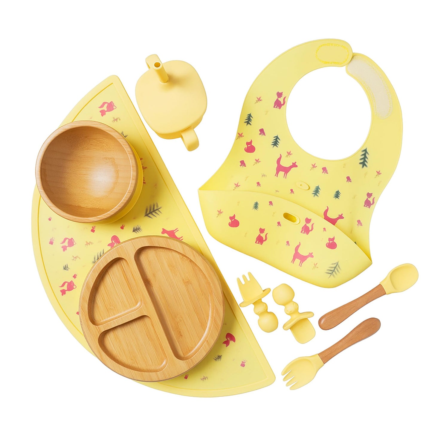 Bamboo & Silicone Baby Feeding Set 8 PCS | Baby Led Weaning Supplies Self Feeding | Divided Suction Plate Bowl Bib Sippy Cup with Straw Utensils Baby Bowls and Spoons Toddler Feeding Set (Yellow)