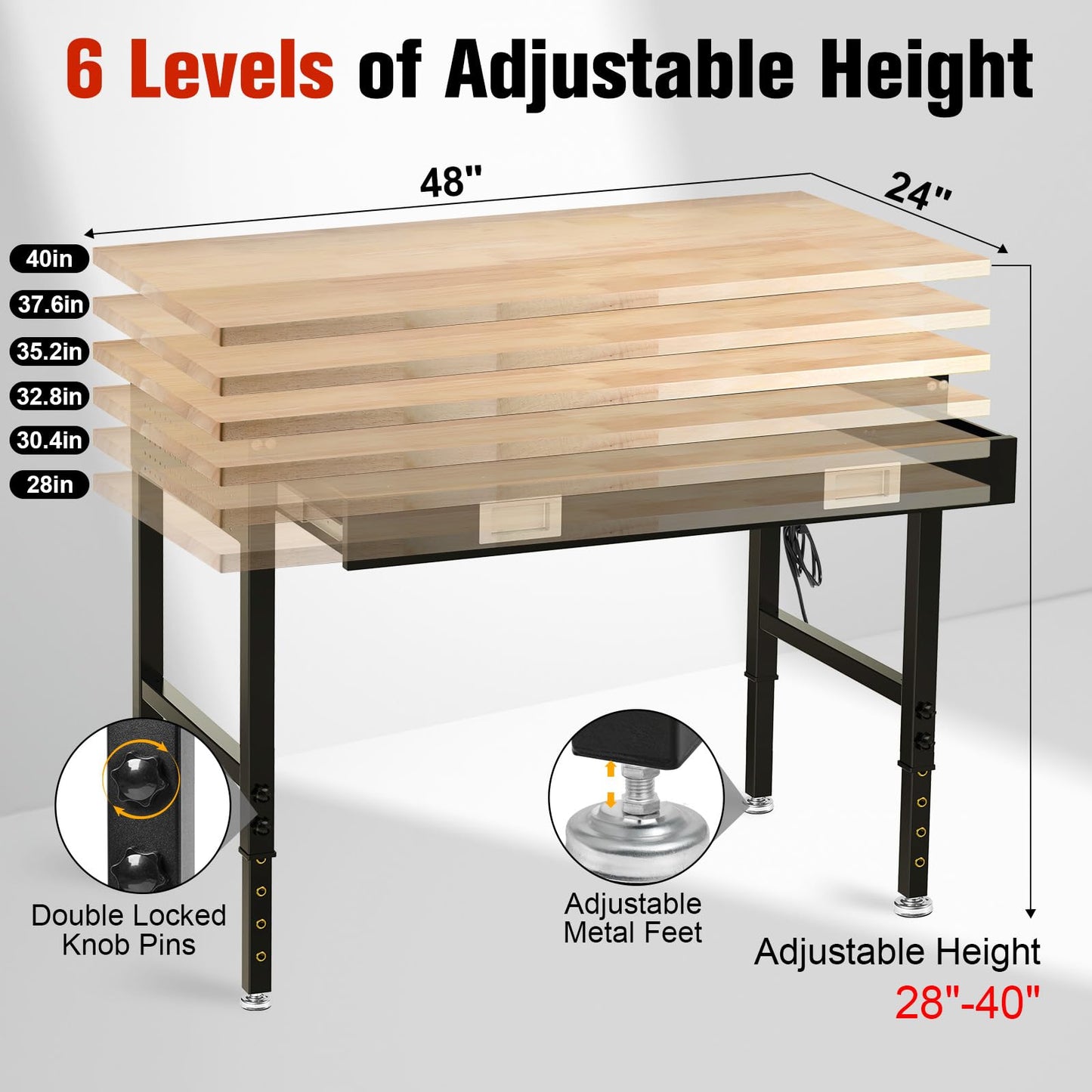 MUWOOD 48" Workbench with Drawers, Work Benches for Garage with Strip Light, Adjustable Work Table with Large Pegboard, 2000 LBS Heavy Duty Table with Power Outlet Rubber Wood for Garage, Office
