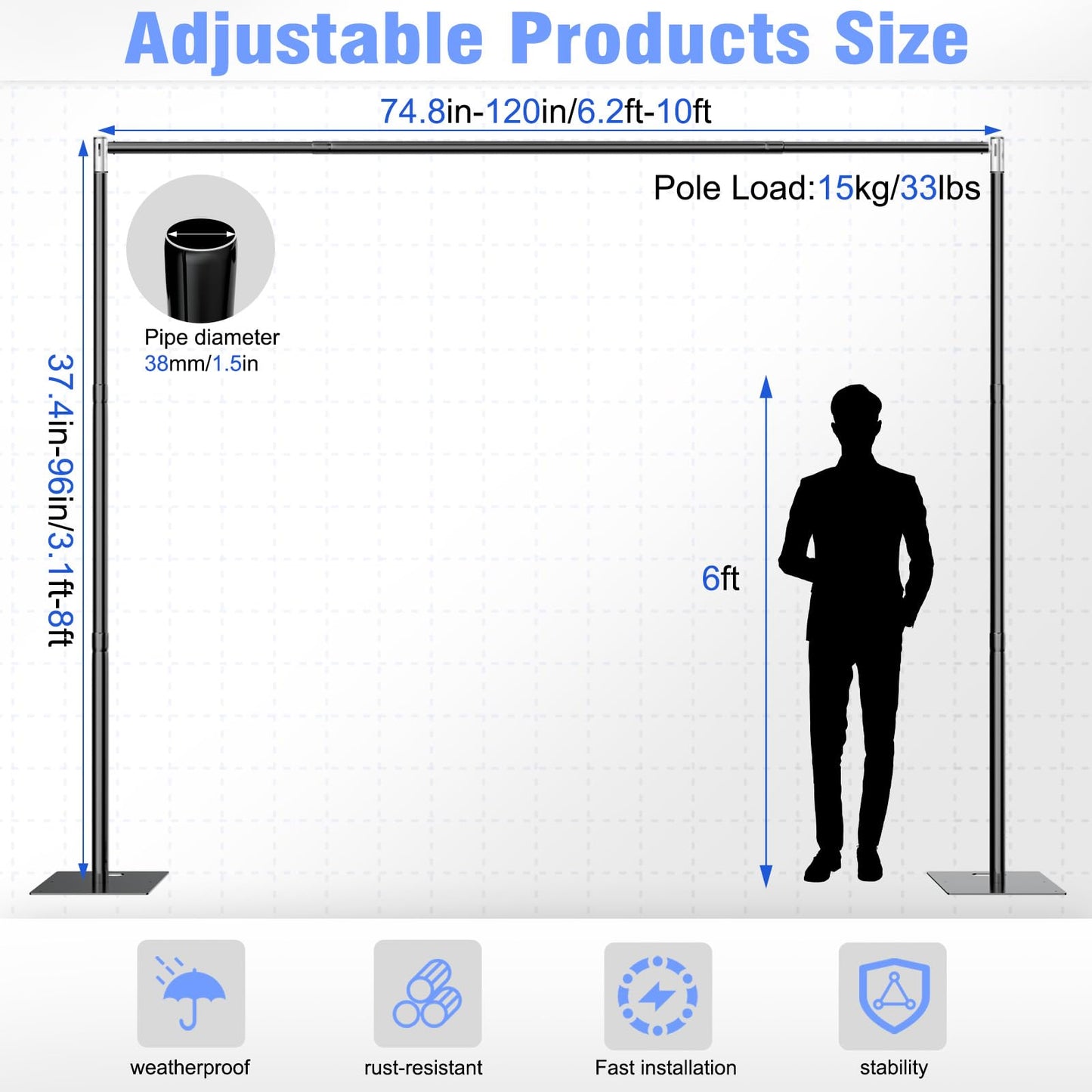 TOCRETOARE Pipe and Drape Backdrop Stand 10FT x 8FT, Adjustable Backdrop Stand Heavy Duty, Background Stand, Backdrop Stand for Parties, Photography, Wedding, Birthday Decoration (10ft x 8ft)