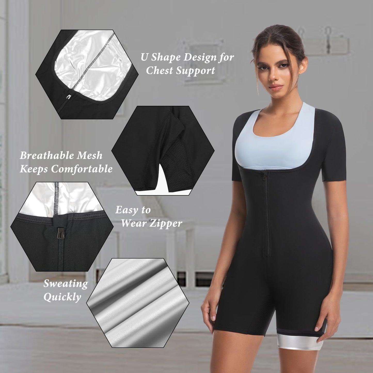 Meiosuns Sauna Sweat Suit for Women Weight Loss Waist Trainer Full Body Compression Sweat Suit 4 in 1 Slimming Heat Trapping Sauna Shirt for Workout Bodysuit Gym Fitness Shaper Thighs (Silver,L)