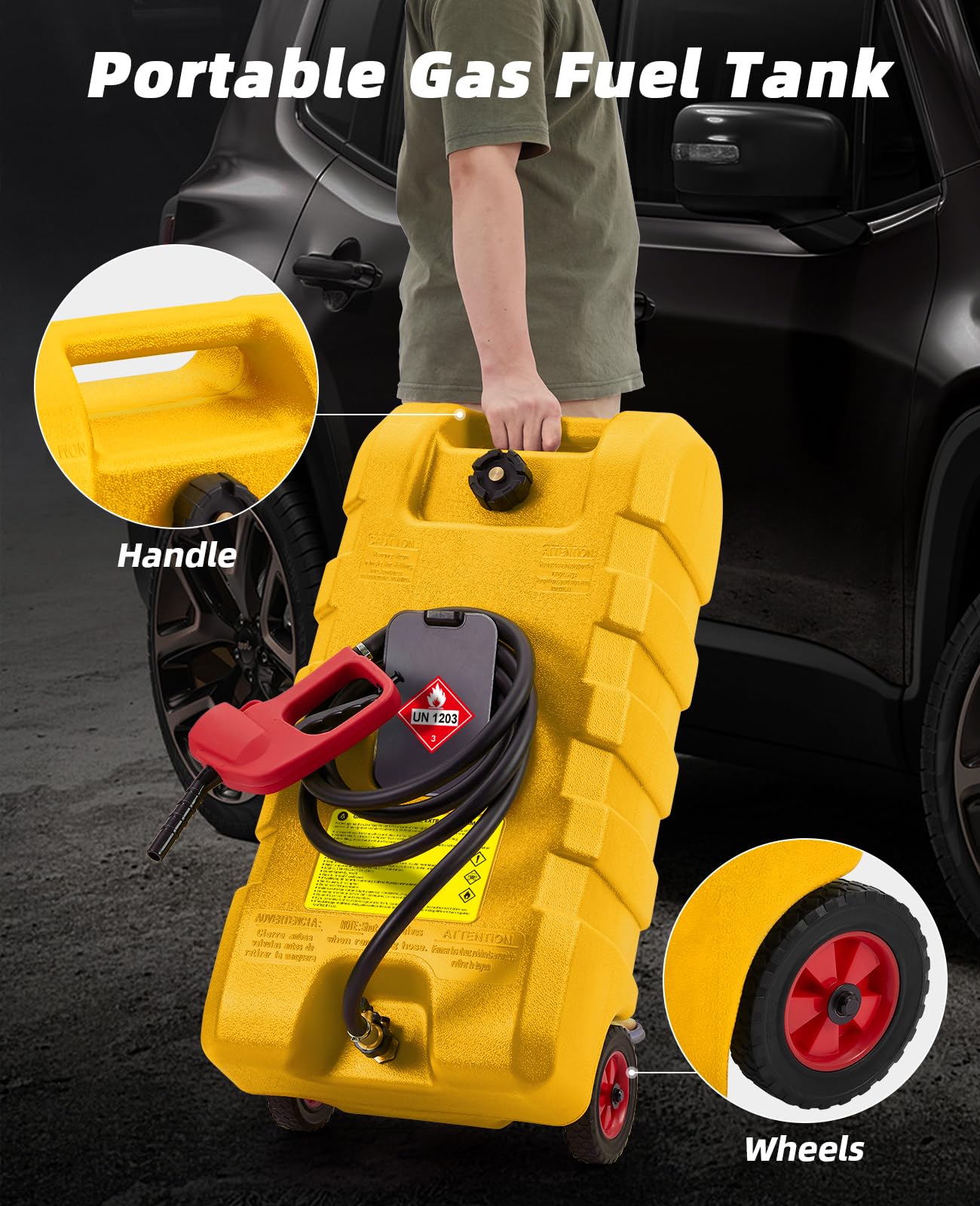 15 Gallon Portable Fuel Tank Caddy with Manual Transfer Pump – Heavy-Duty Gas Storage Toolbox – 10FT Hose – Leak-Proof, Mobile Fuel Container for Cars, Boats, Lawn Mowers, ATVs – Yellow