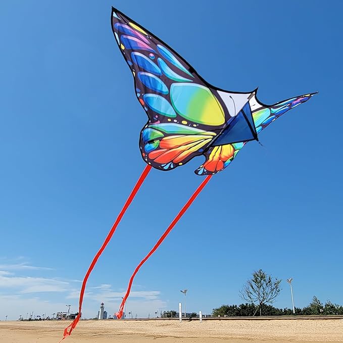 Simxkai Butterfly Kite for Kids & Adults, Easy to Fly Blue Big Kite for Beginners, Line Handle Included (1Pack 2Pack)