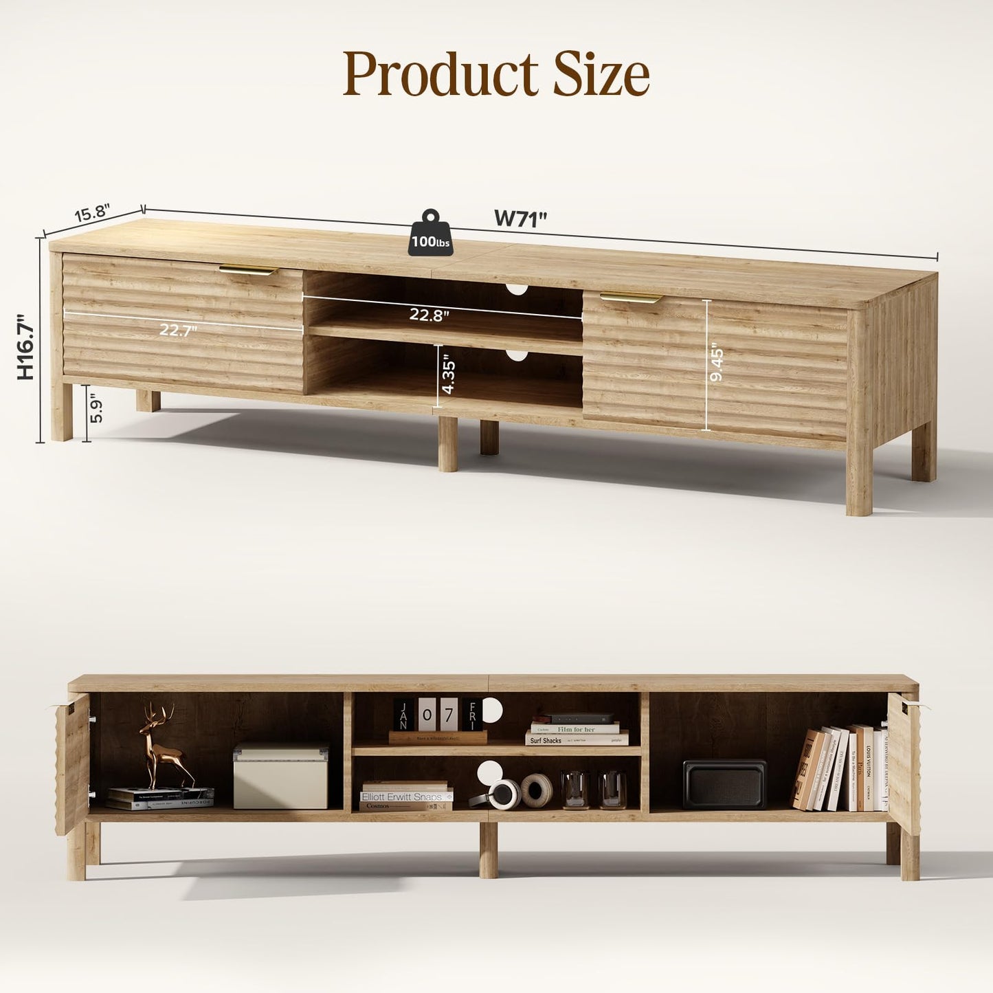 IKALIFE TV Stand for Living Room - up to 80 Inch TVs Mid Century Modern Entertainment Center with Storage and Adjustable Shelves, Media Console Table Oak 71"