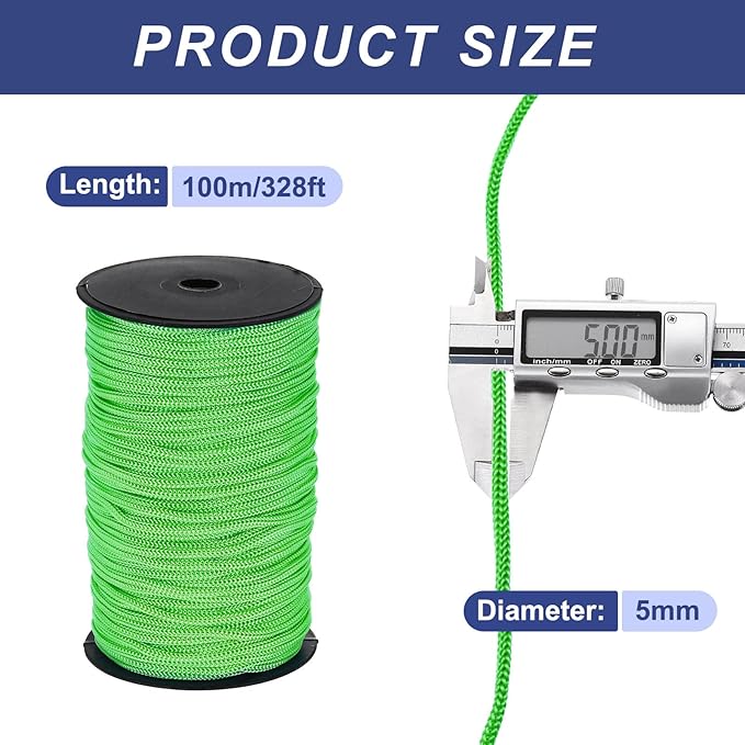 MECCANIXITY 3/16 Inch Polypropylene Rope Braided Ropes, 328ft Nylon Rope Hollow Utility Cord for Clothesline, Camping, Hiking, Outdoor, Light Green