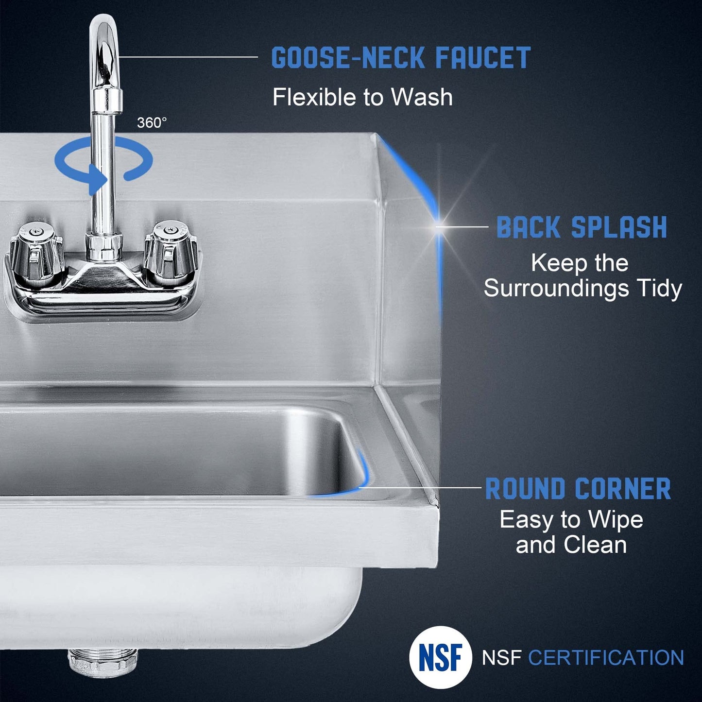 Profeeshaw Commercial Hand Sink with Side Splash Guards, Wall Mount Utility Sink, 304 Stainless Steel Wash Basin with Gooseneck Faucet and Drain Basket for Restaurant and Bar, 17 x 15 Inch