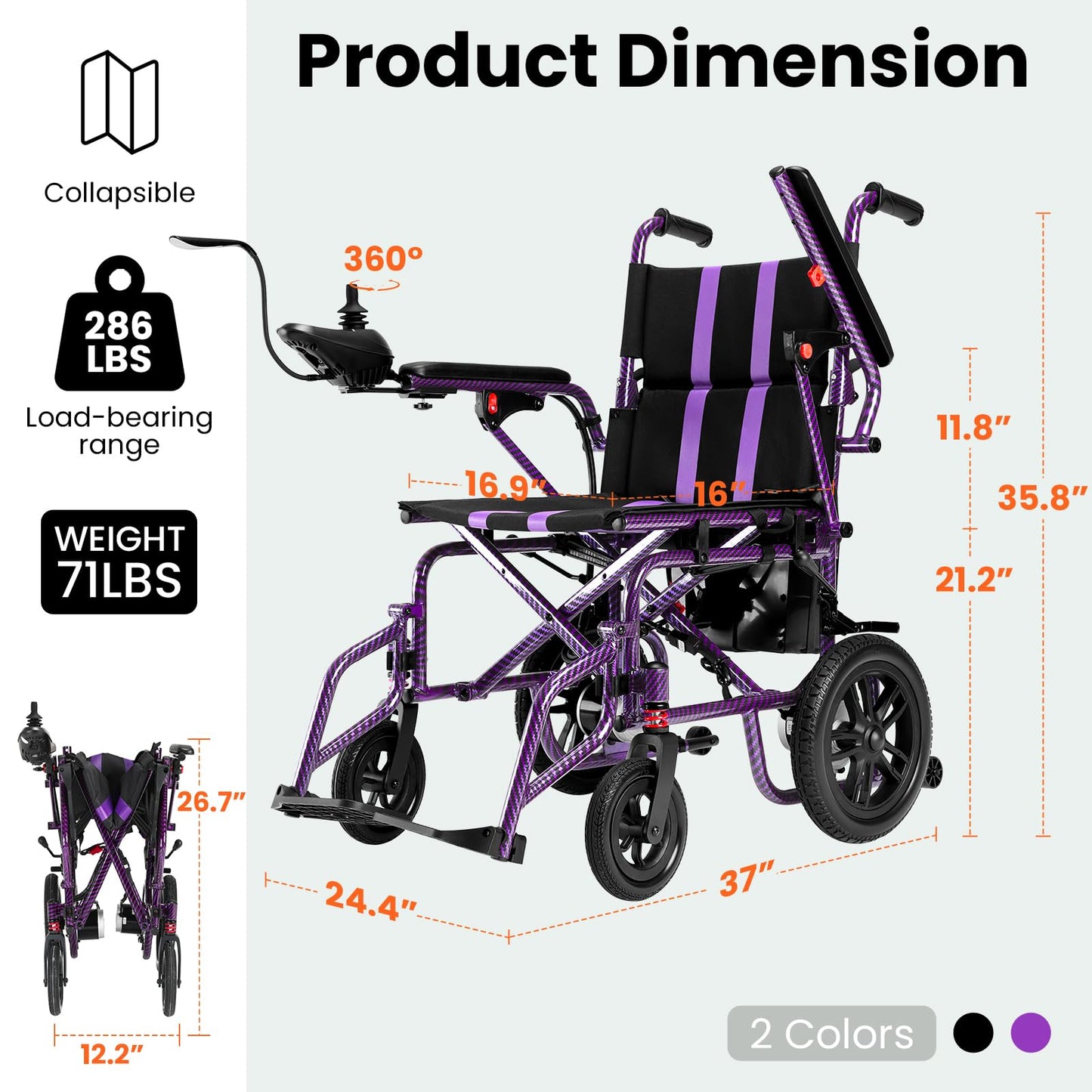 Electric Wheelchairs for Adults，Lightweight Foldable Wheelchair 15 Miles Long Travel Range, 360° Joystick Control Motorized Wheelchair, Support 286 lbs with LED Light Power Wheelchair (Purple)