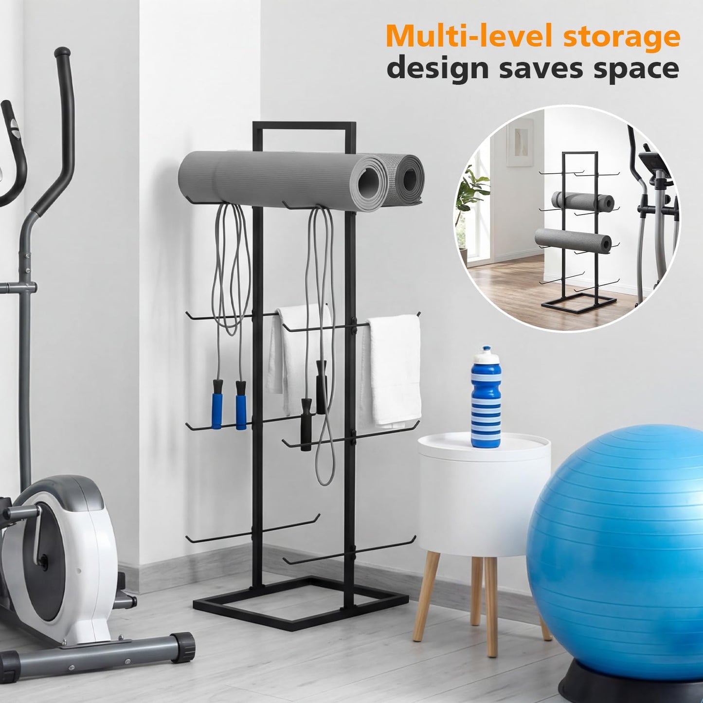 Cinnvoice 4-Tier Freestanding Yoga Mat Holder, Double-Sided Metal Storage Rack for Yoga Mats, Foam Rollers, Heavy Duty Home Gym Organizer Stand with Non-Slip Feet, Matte Black