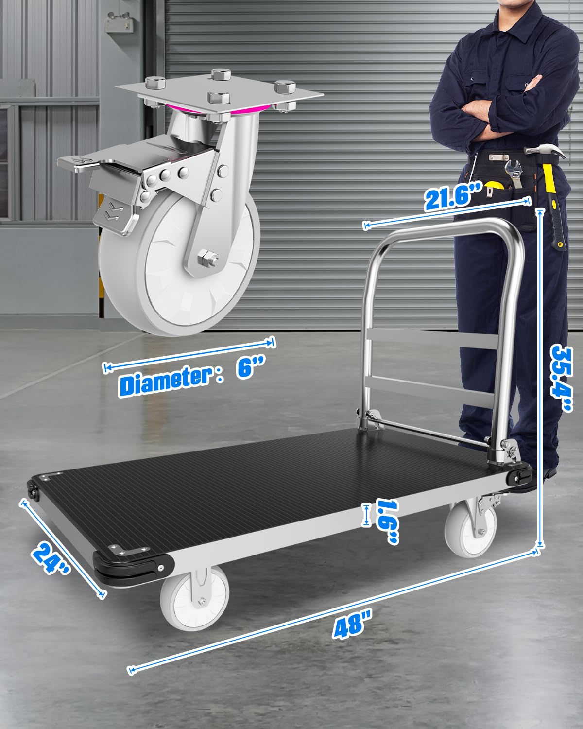 PHEXOD 2500 LBS Heavy Duty Platform Truck Cart 48" x 24", Extra Long Folding Flatbed Push Cart Dolly with Non-Slip Rubber Mat and 6" TPR Wheels for Warehouse Garage Moving Industrial Use