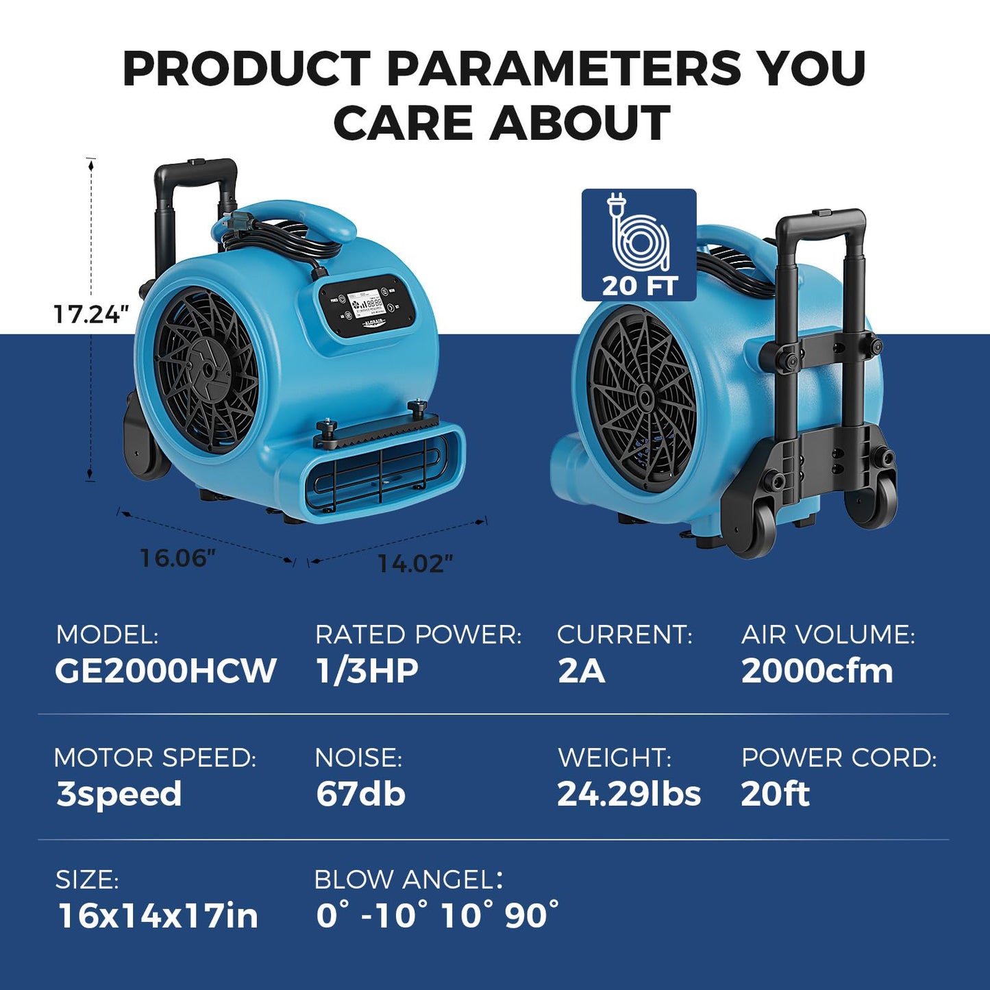ALORAIR 1/3 HP 2000 CFM Air Mover Blower Fan for Industrial, Floor Drying Fan, Carpet Dryer - 18 Timer, Handle Wheelkit, Digital Control, Carpet Buckles, for Water Damage Restoration, Home - GE2000HCW
