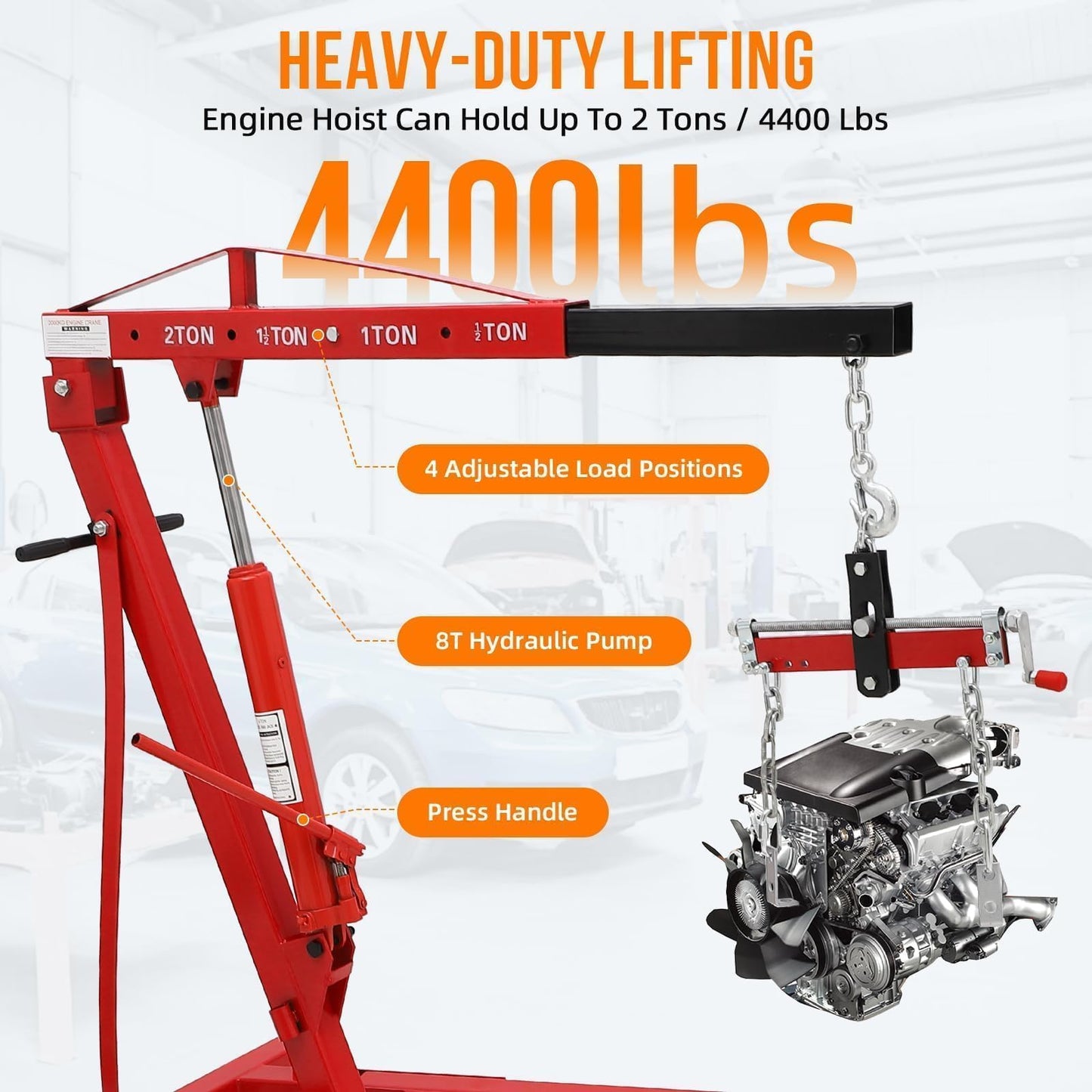 2 Ton Folding Hydraulic Engine Hoist Cherry Picker, 4400 Lbs Capacity, Adjustable Telescoping Boom, Heavy Duty Shop Crane with Load Leveler & 6 Swivel Wheels, for Garage Workshop Warehouse Automotive