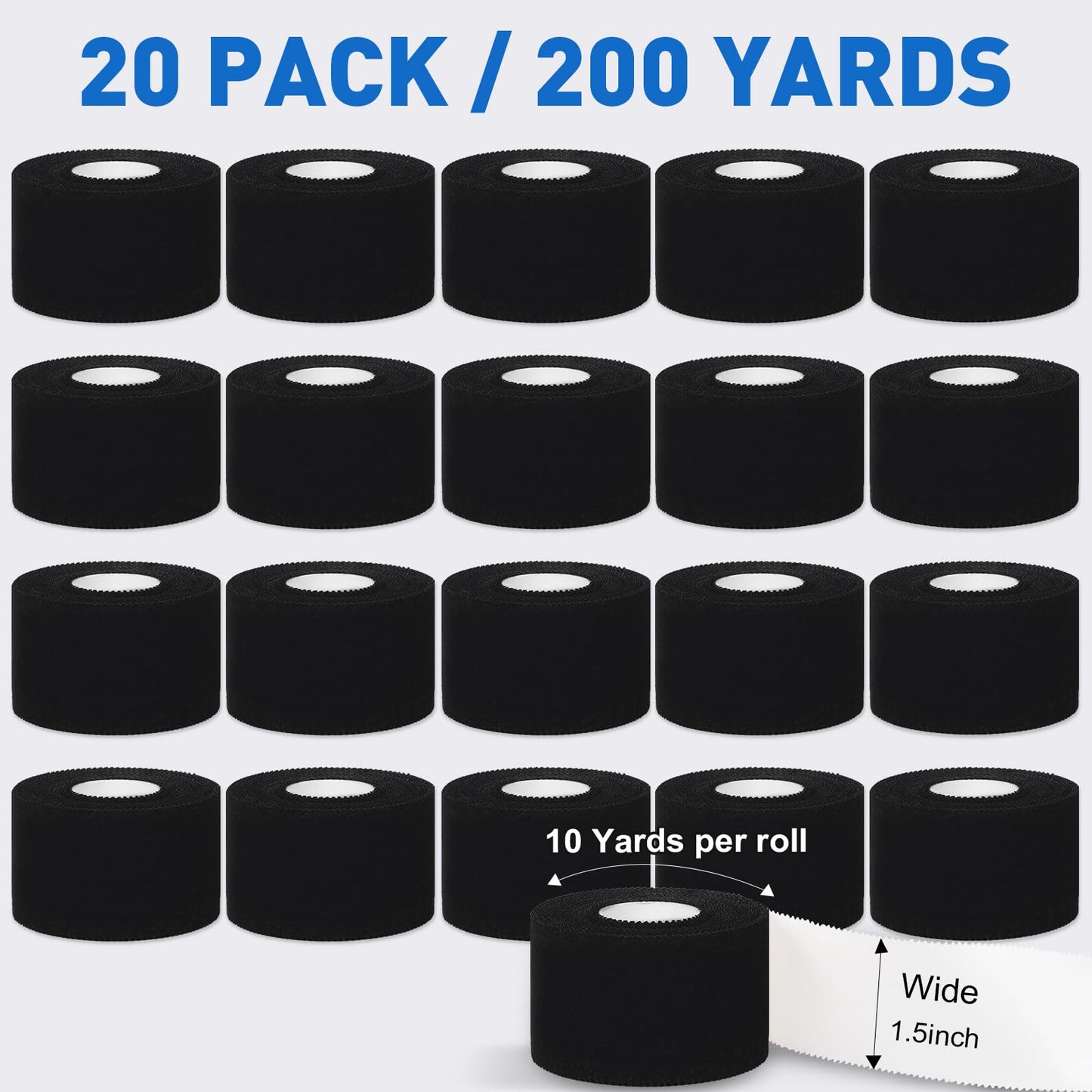CHMI Athletic Tape,Black Sports Tape (20 Pack), 200 Yards Rolls Very Strong Easy Tear NO Sticky Residue Best Tape for Gymnastics Climbing Bat Injuries Medical (1.5 Inch X 200 Yards).