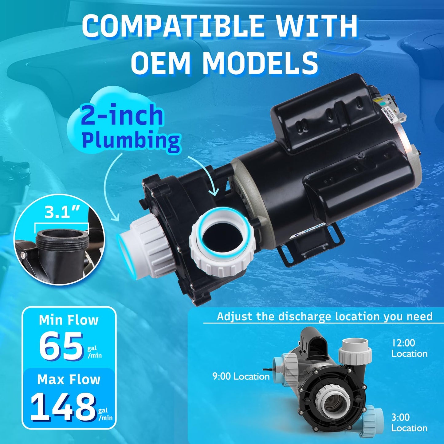 LINGXIAO SPA Pump, 2HP Hot Tub Pump - 2 Speed LX SPA Motor 115V/60HZ, 2" Port - 48 Frame (Model: 48WUA1501C-II)