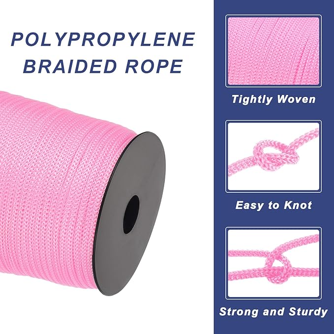 MECCANIXITY 5/32 Inch Polypropylene Rope Braided Ropes, 328ft Camping Rope Hollow Utility Cord for Clothesline, Hiking, Outdoor, Light Pink