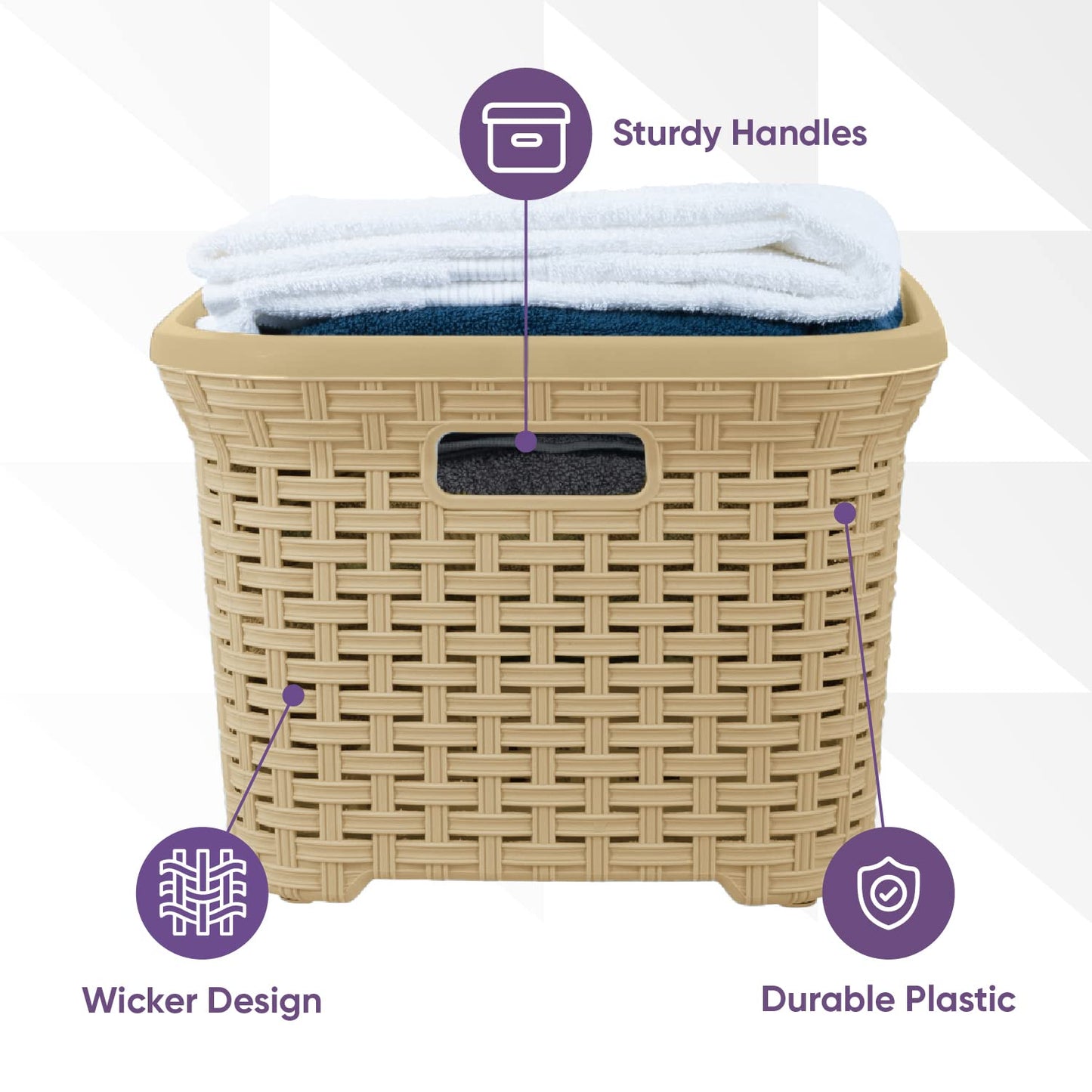 Superio Laundry Basket Plastic Storage Hamper Basket, Beige Cloths Basket Organizer with Cut-Out Handles. Space Saving for Laundry Room Bedroom Bathroom, Wicker Design 50 Liter (2 Pack)