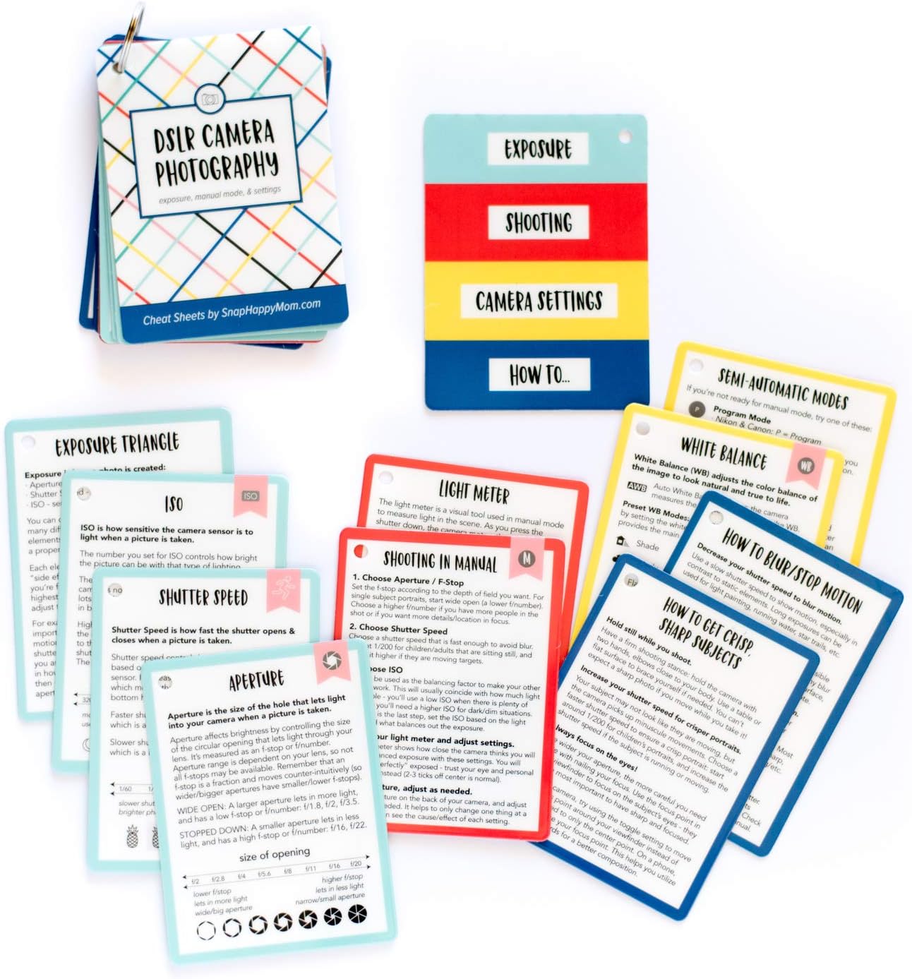 Snap Happy Mom Settings, DSLR Cheat Sheet Cards for Canon, Nikon and Sony Cameras - Plastic Quick Reference Photography