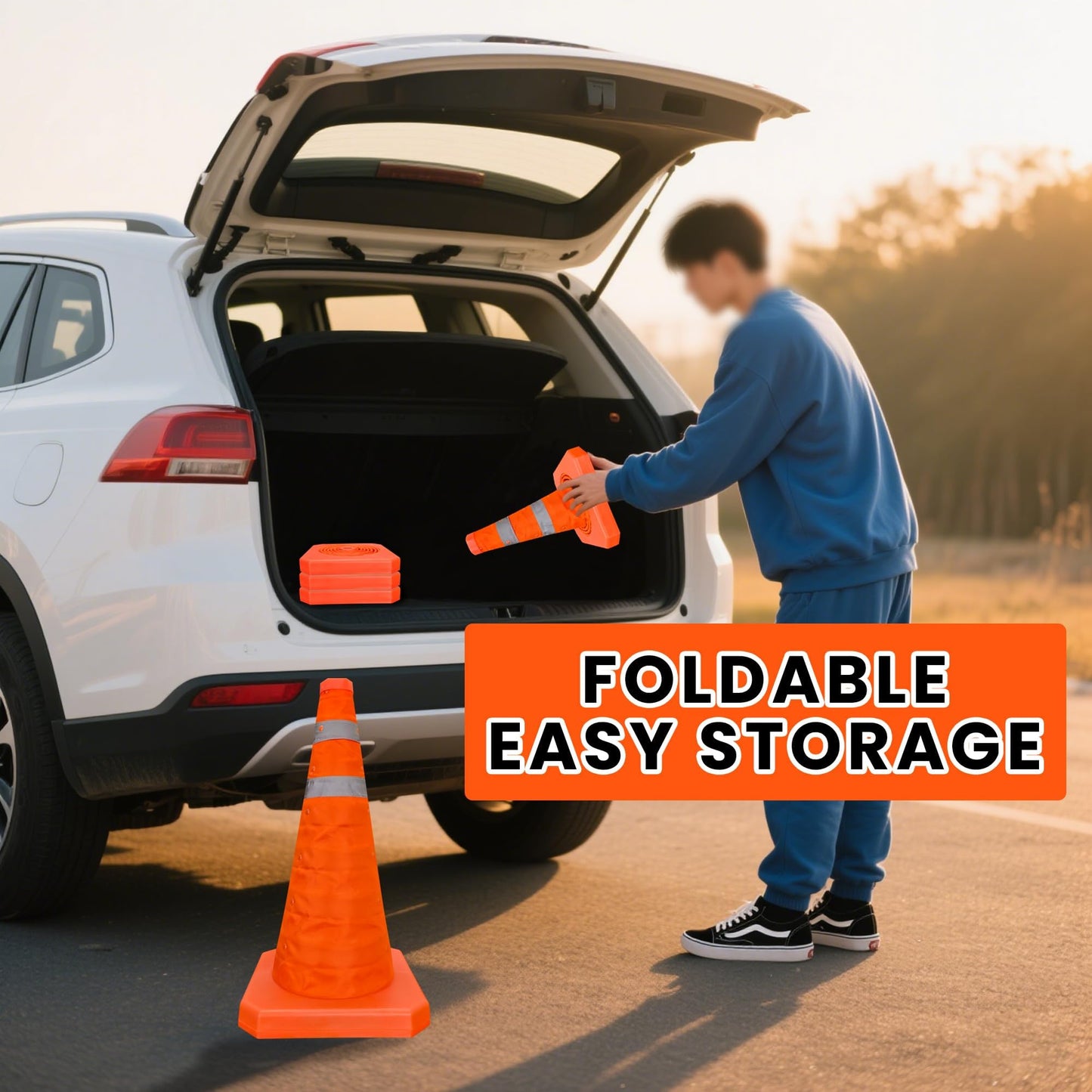 18 Inch 1 Pack Collapsible Traffic Safety Cones,with High-Visibility Reflective Vest, Multi Purpose Pop-up Cones with Reflective Collar for Road Safety, Orange Cones for Driving Training, Parking Lots
