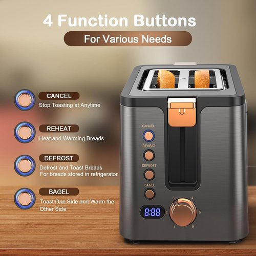Mecity 2-Slice Toaster - Stainless Steel Body with 6 Browning Settings & Extra Wide Slots - Grey