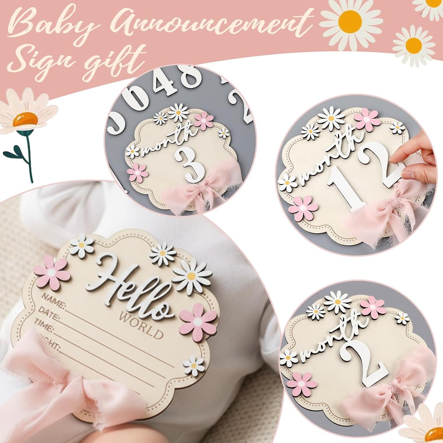 1-12 Amyhill Pink Bow Baby Announcement Sign Wooden Monthly Milestone Blocks with Number Hello World Newborn Signs Pink
