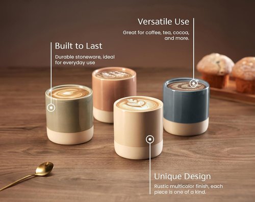 KooK Latte Cups - Artisanal Ceramic Stoneware | Handle-Free Japanese Tea Cups, 10.5 oz, Set of 4