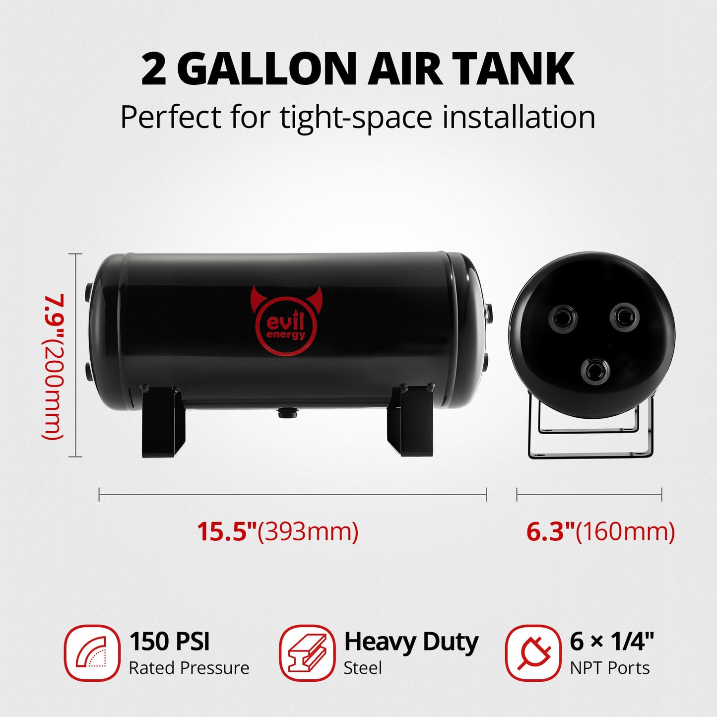 EVIL ENERGY 2 Gallon Air Tank and Compressor Kit 6 Ports 1/4" NPT 150PSI Rated 12V Compressor Air Tank for Air Horn, Inflating Tires, Car, Truck, Suspension Systems, Train Horn, DIY Pneumatic Tools