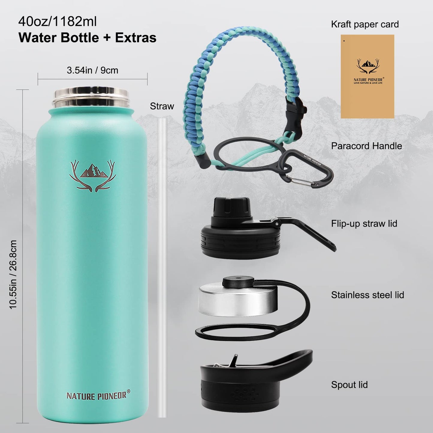 NATURE PIONEOR Insulated Water Bottles with Paracord Handle - 40 oz Vacuum Sports Wide Mouth Water Bottle with 3 Lids, Leak Proof Stainless Steel Keeps Hot and Cold