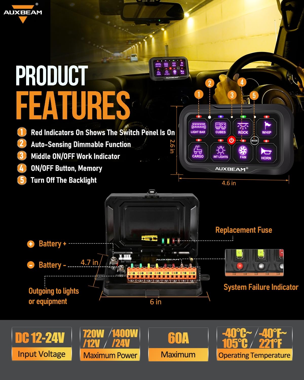 Auxbeam 8 Gang Switch Panel RC-800 RGB Wireless Remote Control Range Up to 165FT Multifunction Switch Pod 3 lighting modes with Backlit Off and Auto Dimmable for RV Offroad Waterproof 3 Years Warranty